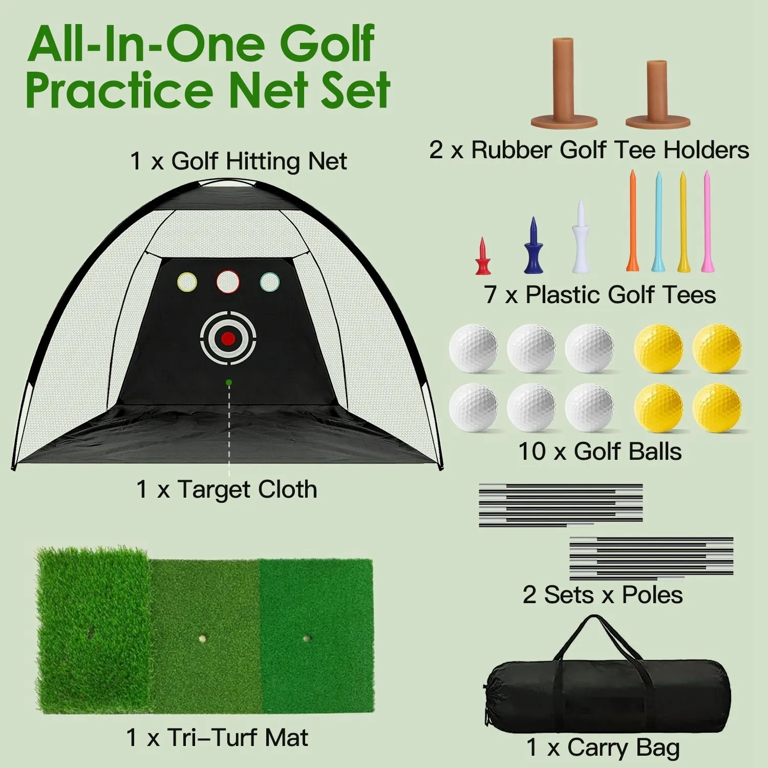 10x7FT Golf Practice Net Golf Training Aids Driving Hitting Nets with Tri-Turf Golf Mat Target Cloth 10 Golf Balls 7 Golf Tees 2 Rubber Golf Tee Holders Carry Bag for Indoor Outdoor Sports