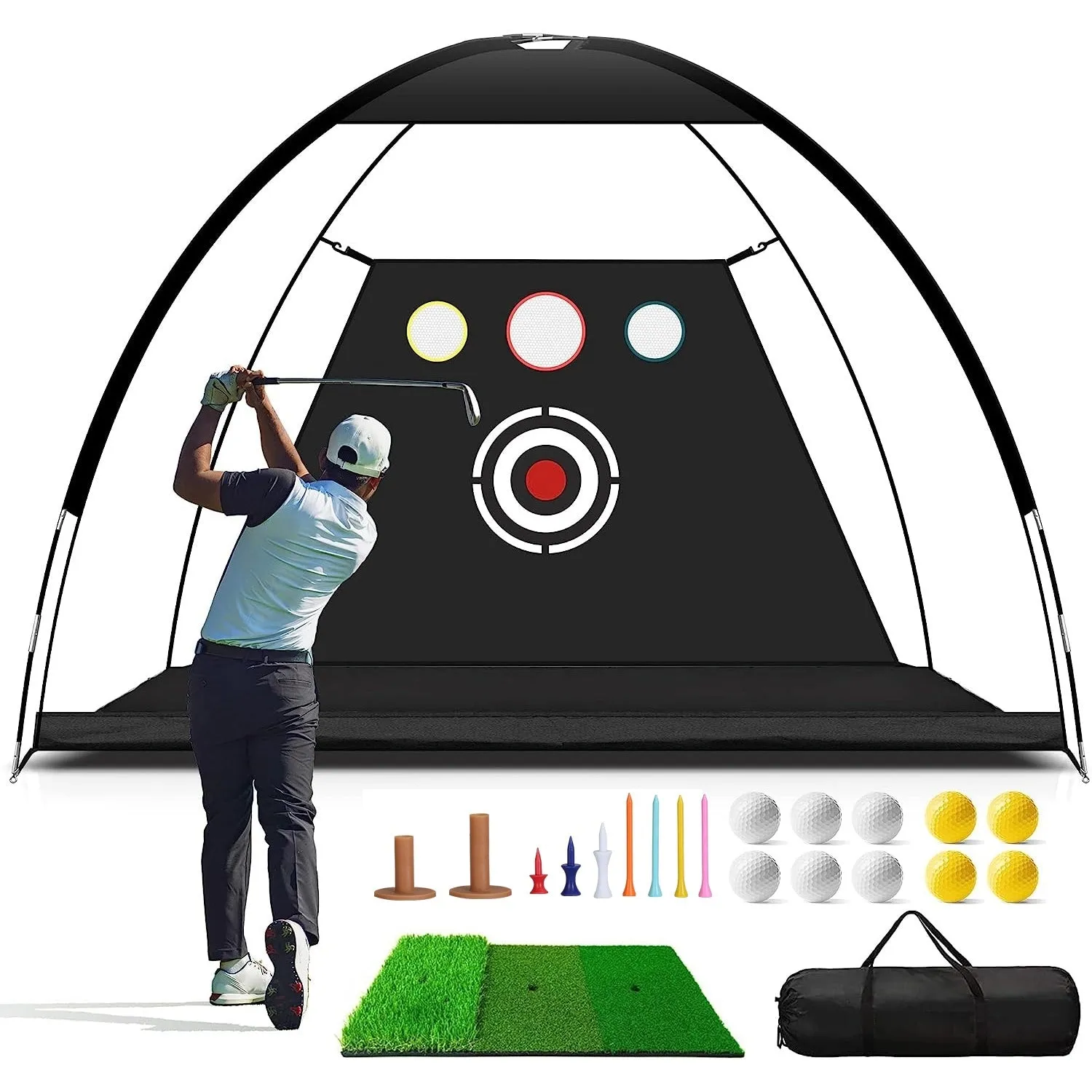 10x7FT Golf Practice Net Golf Training Aids Driving Hitting Nets with Tri-Turf Golf Mat Target Cloth 10 Golf Balls 7 Golf Tees 2 Rubber Golf Tee Holders Carry Bag for Indoor Outdoor Sports