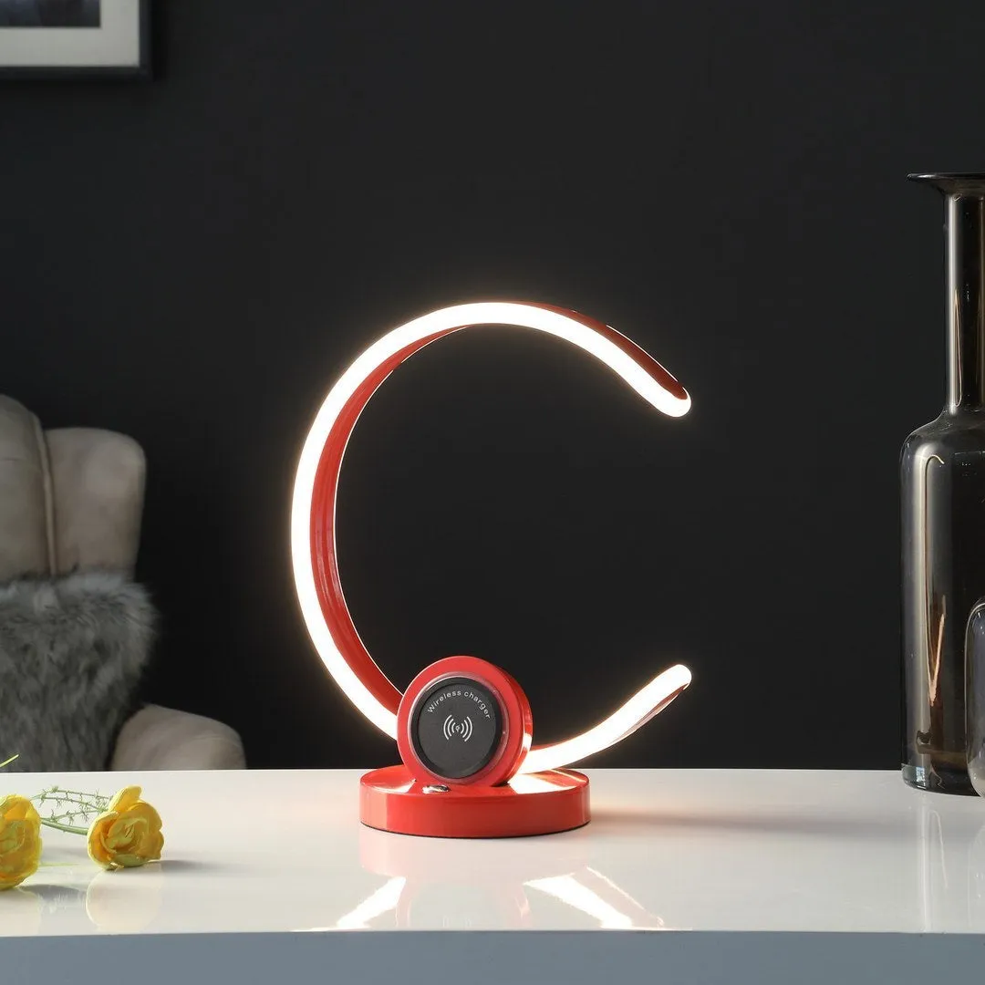 13.25" In Modern C Shape Led W/ Usb/Wireless Charger Port And Touch Dimmer Bright Red Table Lamp