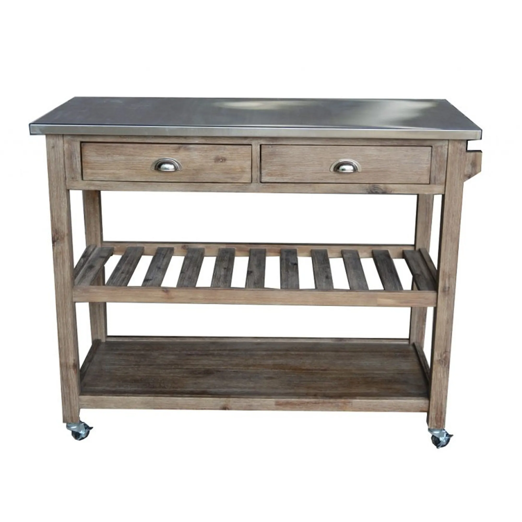 2 Drawers Wooden Frame Kitchen Cart With Metal Top And Casters, Gray By Benzara