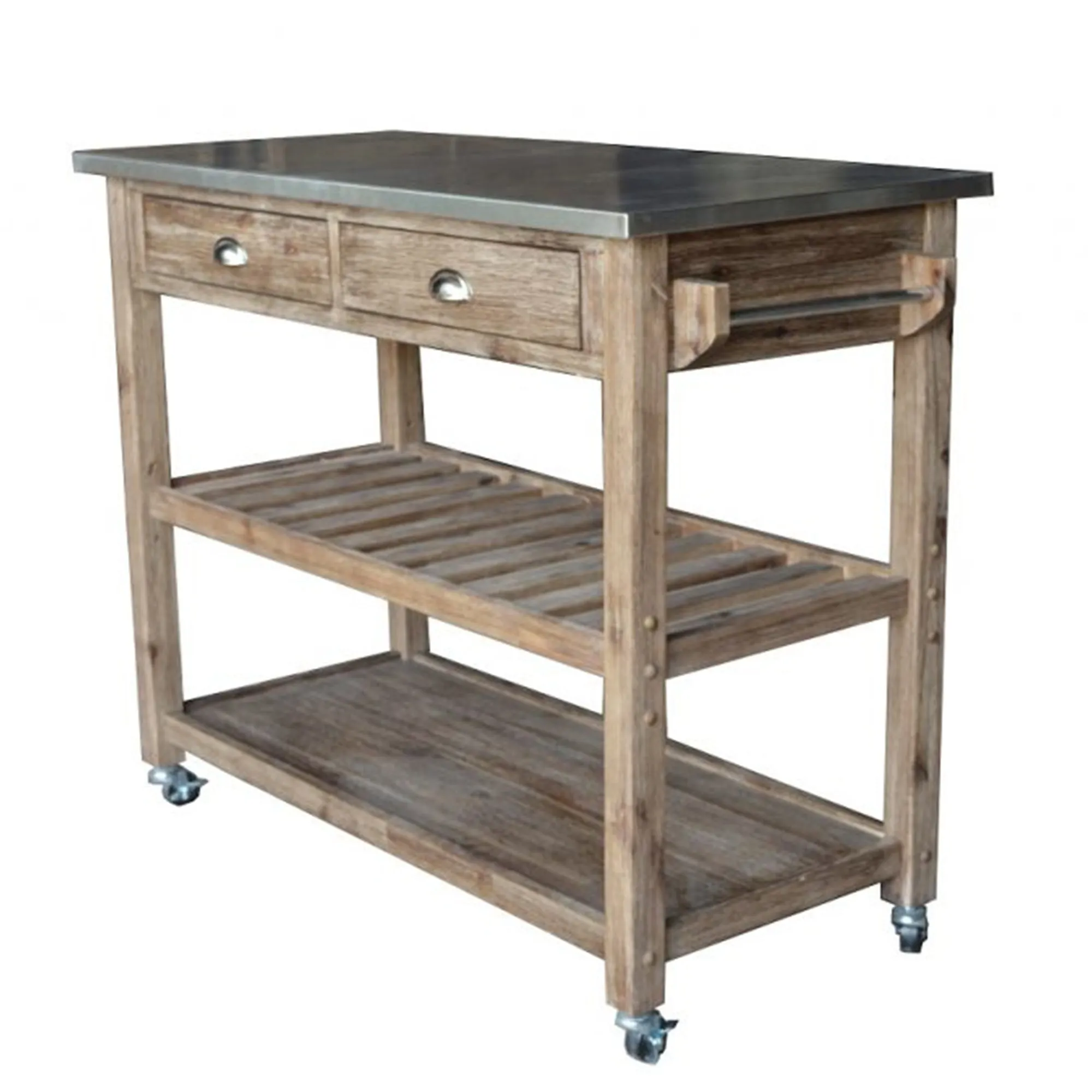 2 Drawers Wooden Frame Kitchen Cart With Metal Top And Casters, Gray By Benzara