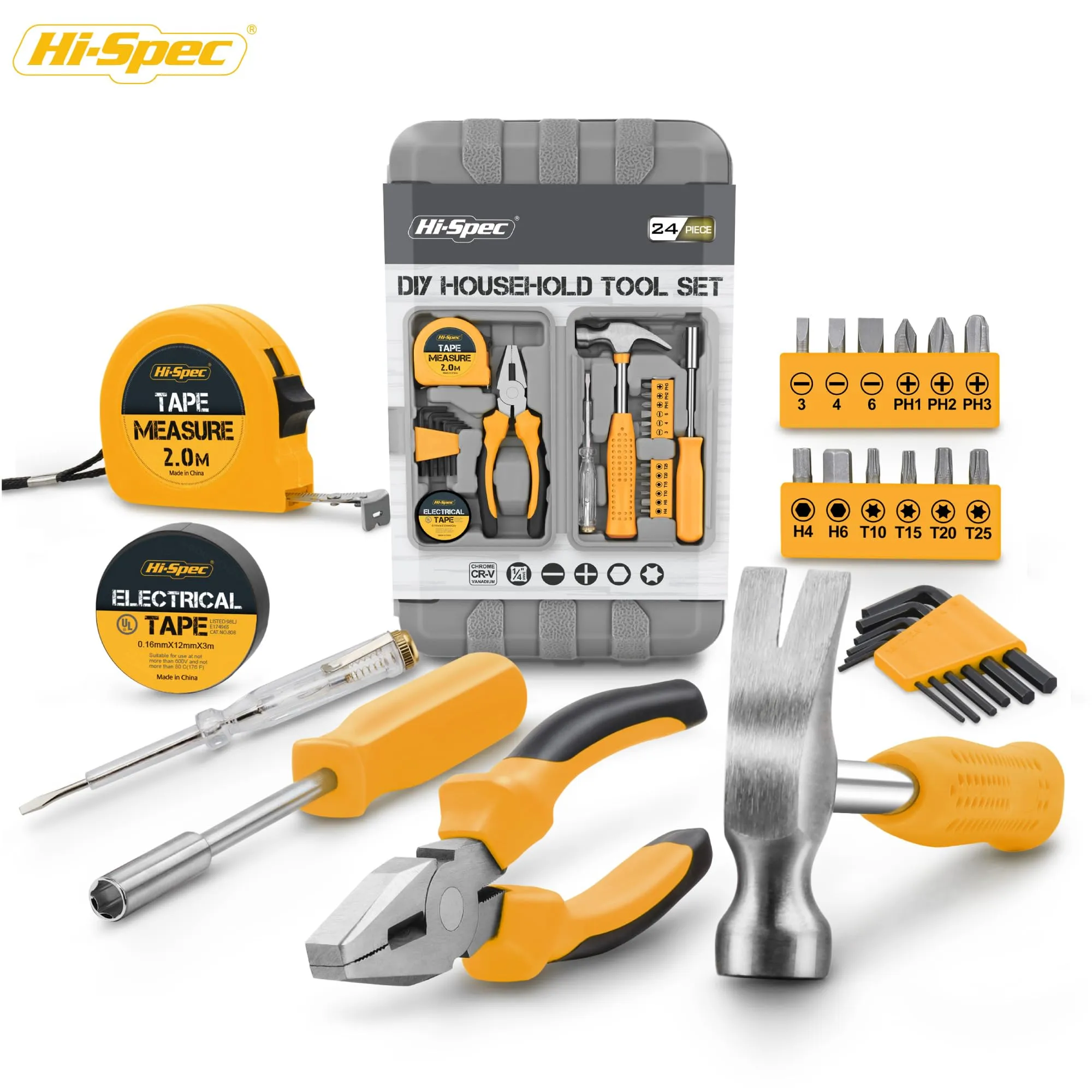 24pc Yellow Compact Household DIY Tool Kit Set. Starter Tools in a Portable Box Case