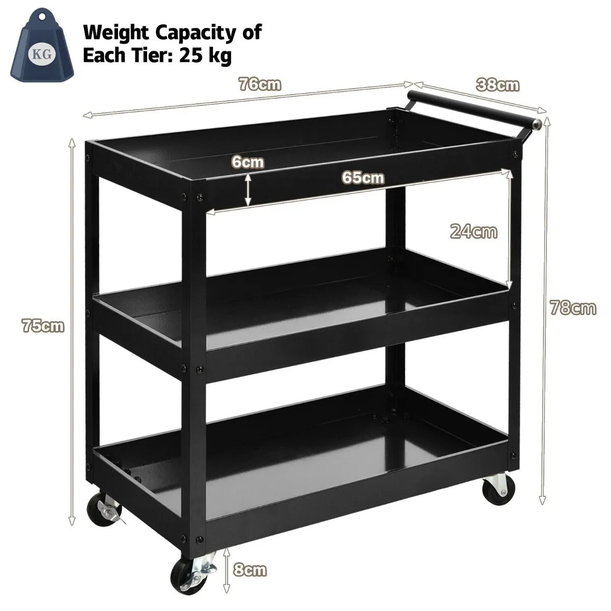 3-Tier Tool Trolley with Lockable Wheels for Garage Restaurant