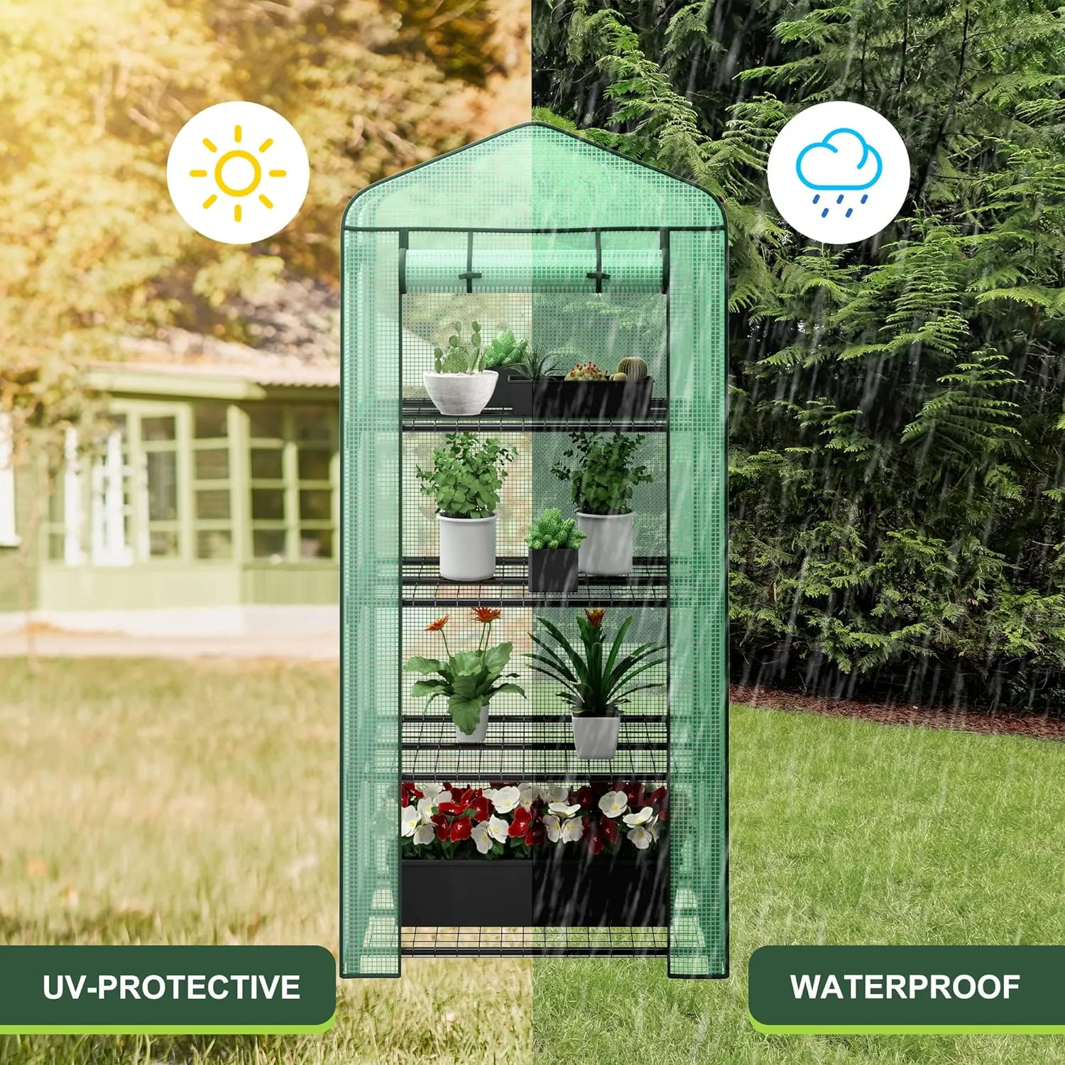 4 Tier Mini Greenhouse Indoor Outdoor with PE Cover and Roll-Up Zipper Door, Portable Greenhouse Tent Grow Seeds & Seedlings, 27x19x63-Inch