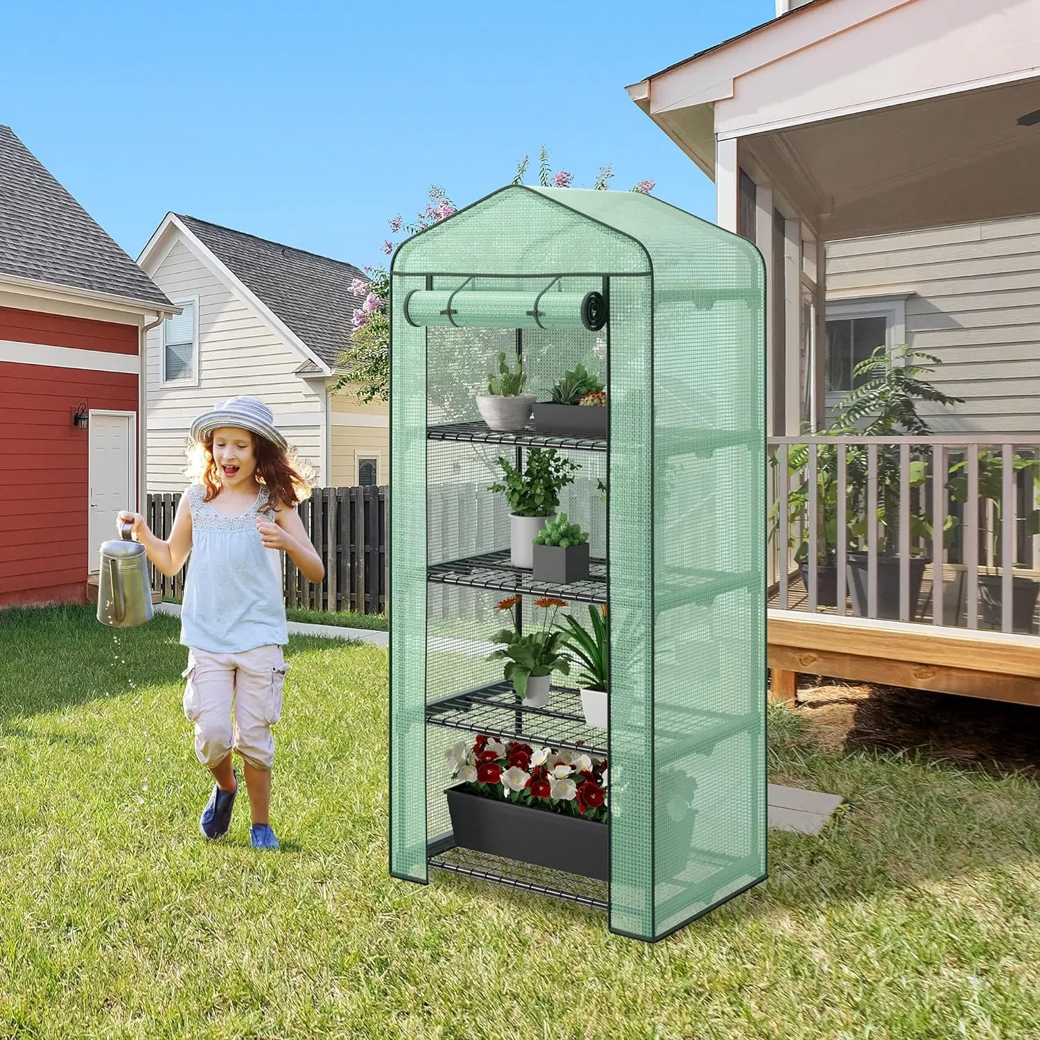 4 Tier Mini Greenhouse Indoor Outdoor with PE Cover and Roll-Up Zipper Door, Portable Greenhouse Tent Grow Seeds & Seedlings, 27x19x63-Inch