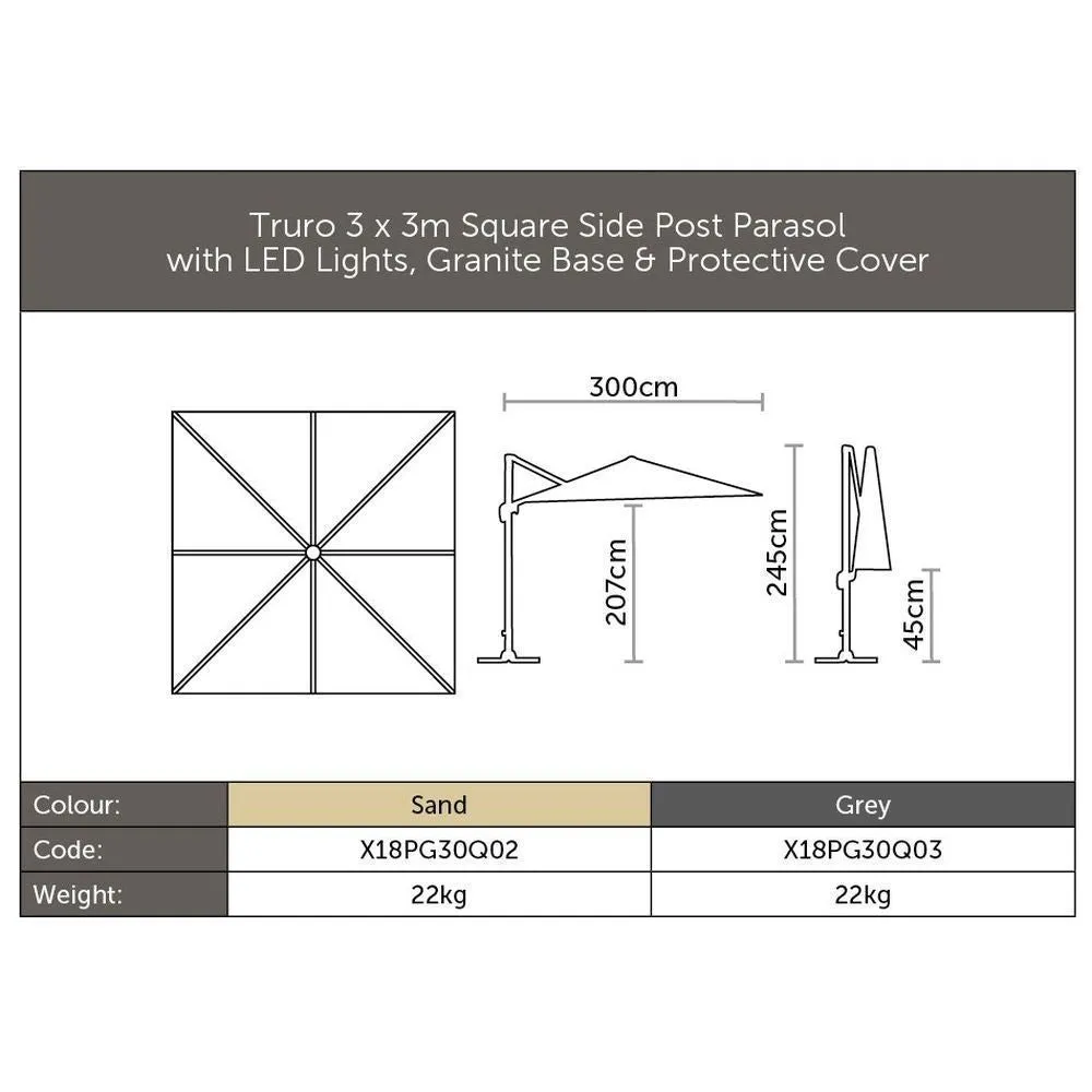 Bramblecrest 3m Sand Truro LED Parasol with Granite Base
