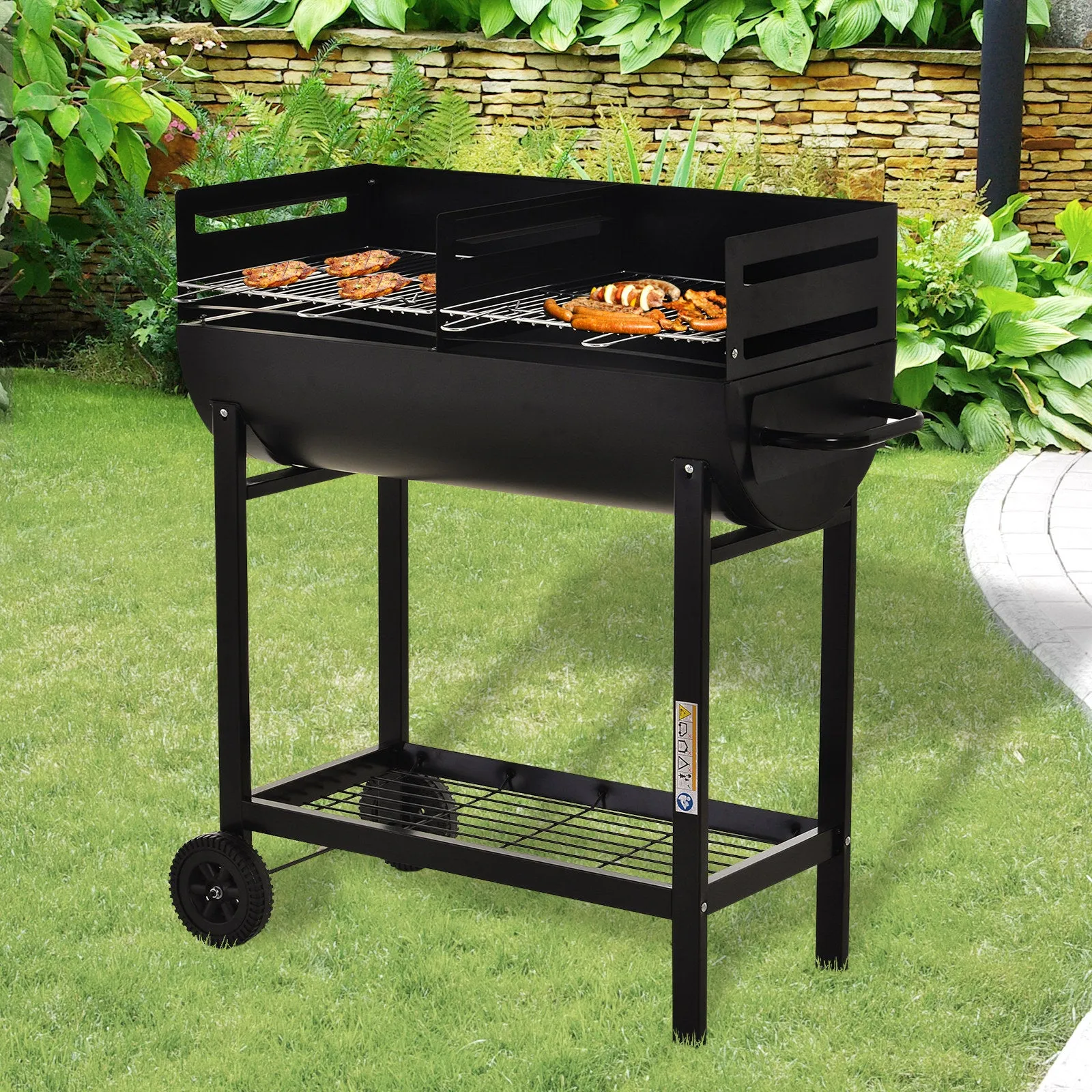 Charcoal Barbecue Grill Garden BBQ Trolley w/ Dual Grill, Adjustable Grill Nets, Heat-resistant Steel, Wheels, Black