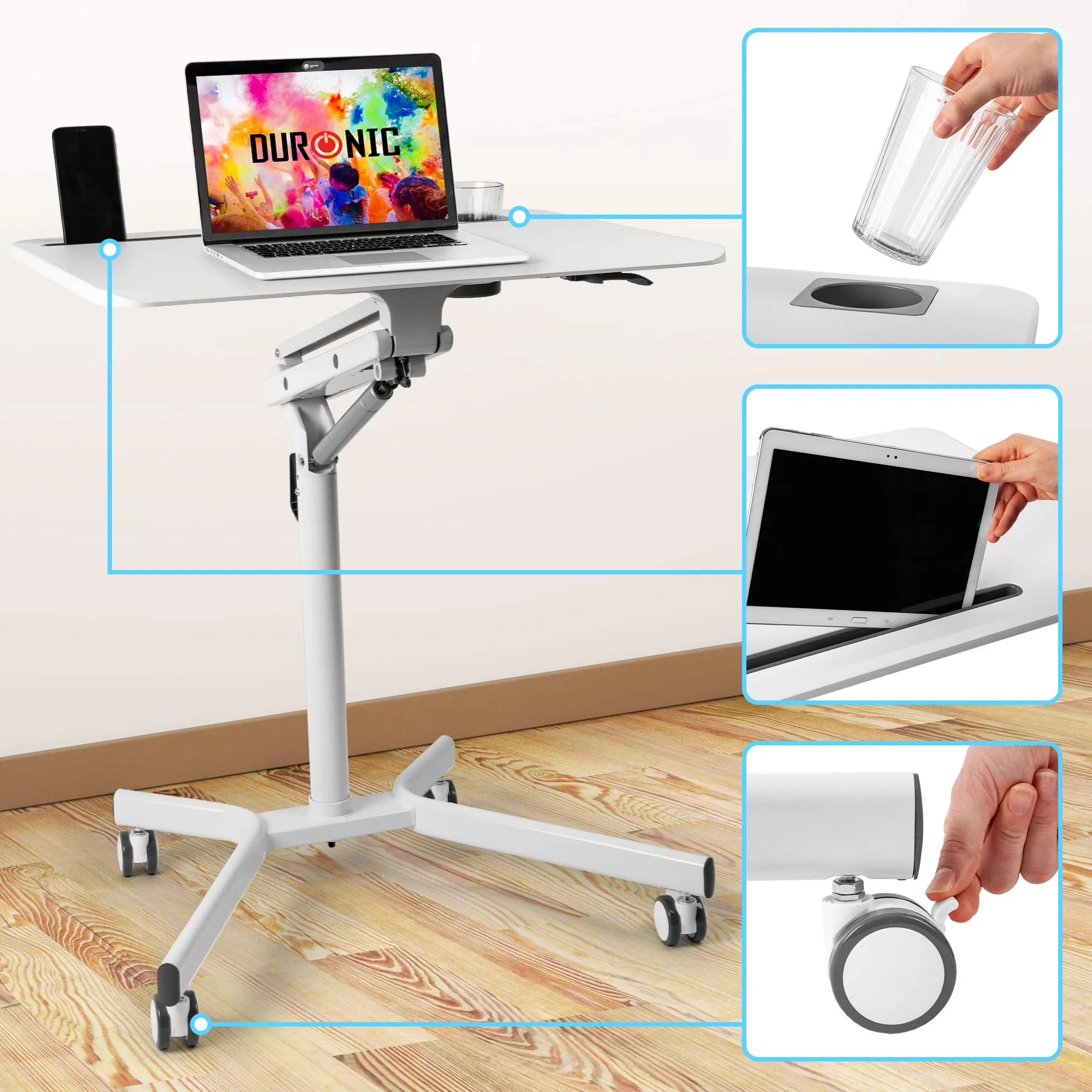 Duronic Sit-Stand Desk WPS57 | WHITE Ergonomic Desk with Tablet Support & Cup Holder | Multi-Use Table on Wheels | 70x52cm Platform | Adjustable Height & Reach | 10kg Capacity | For Home/Office…