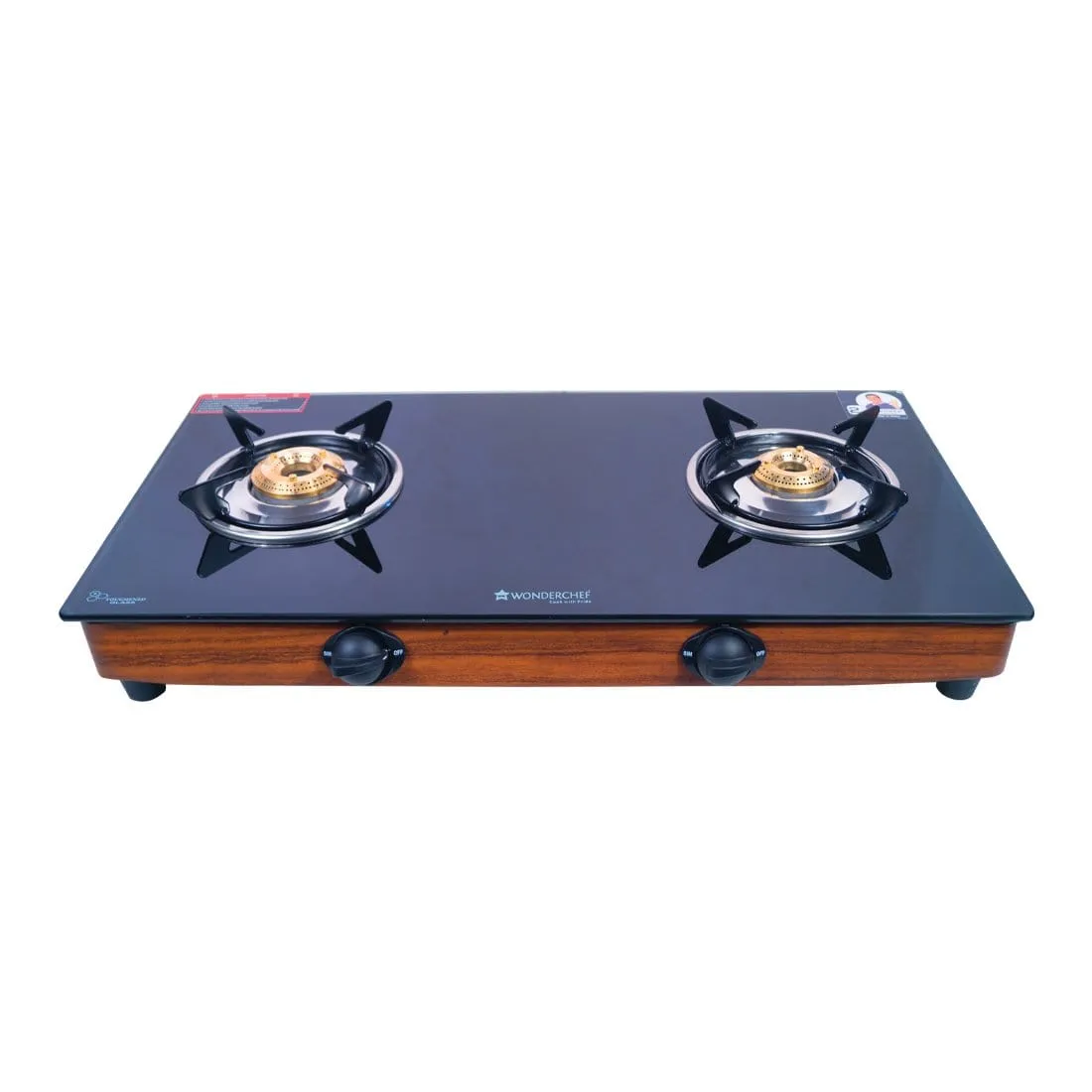 Eco Star 2 Burner Glass Cooktop,  Black 8mm Toughened Glass with 1 Year Warranty, Ergonomic Knobs, Efficient Brass Burners, Stainless-steel Spill Tray, Manual Ignition