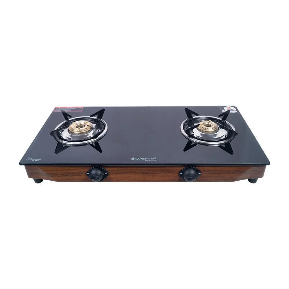 Eco Star 2 Burner Glass Cooktop,  Black 8mm Toughened Glass with 1 Year Warranty, Ergonomic Knobs, Efficient Brass Burners, Stainless-steel Spill Tray, Manual Ignition