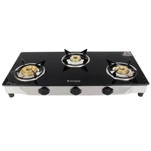 Energy 3 Burner Glass Cooktop, Black 8mm Toughened Glass  with 1 Year Warranty, Soft Touch Knobs, Efficient Brass Burners, Stainless Steel Double Drip Tray