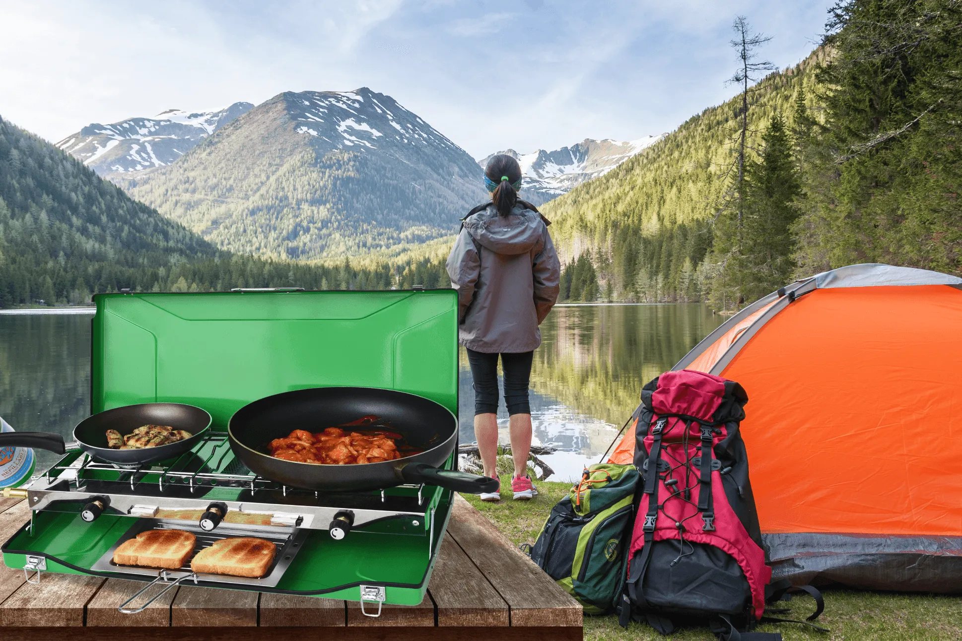 Flame King Portable 3 Burner Grill Propane Gas Camping Stove Toast Tray