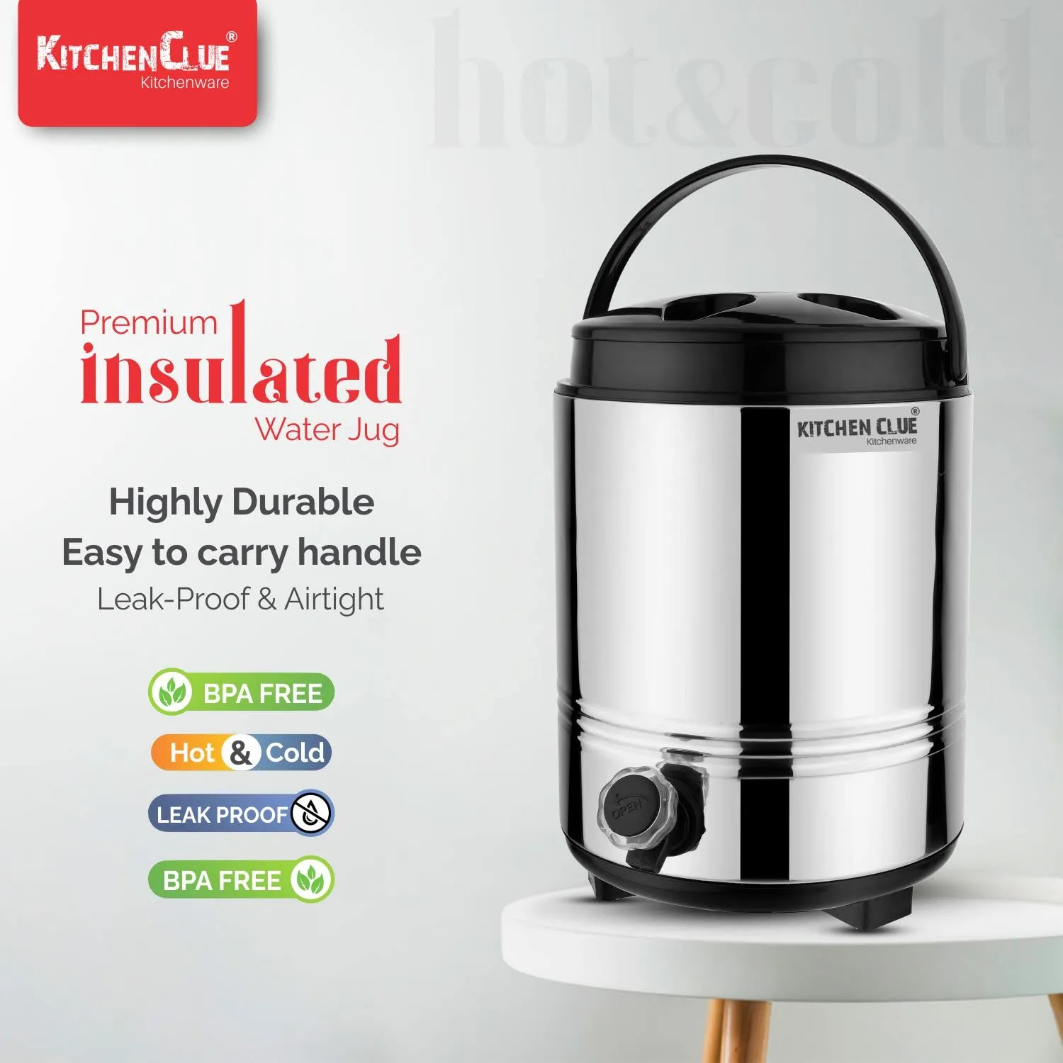 KITCHEN CLUE Hot and Cold Water Dispenser for Office Home Kitchen 8 L, Winter Season Water Jug with PUF Insulated Double Walled Stainless Steel I Keeps Beverages Fresh & Hot and Cold Upto 4-5 Hours