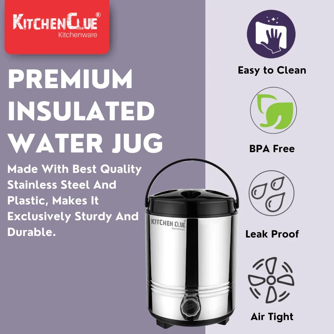 KITCHEN CLUE Stainless Steel Water Jug/Mayur Jug for Home Kitchen Office I Insulated Steel Water Jug 8 Liters, Silver I Hot Teal Flas/Jar/Containers with Leak Proof Tap I PUF Insulation I Durable