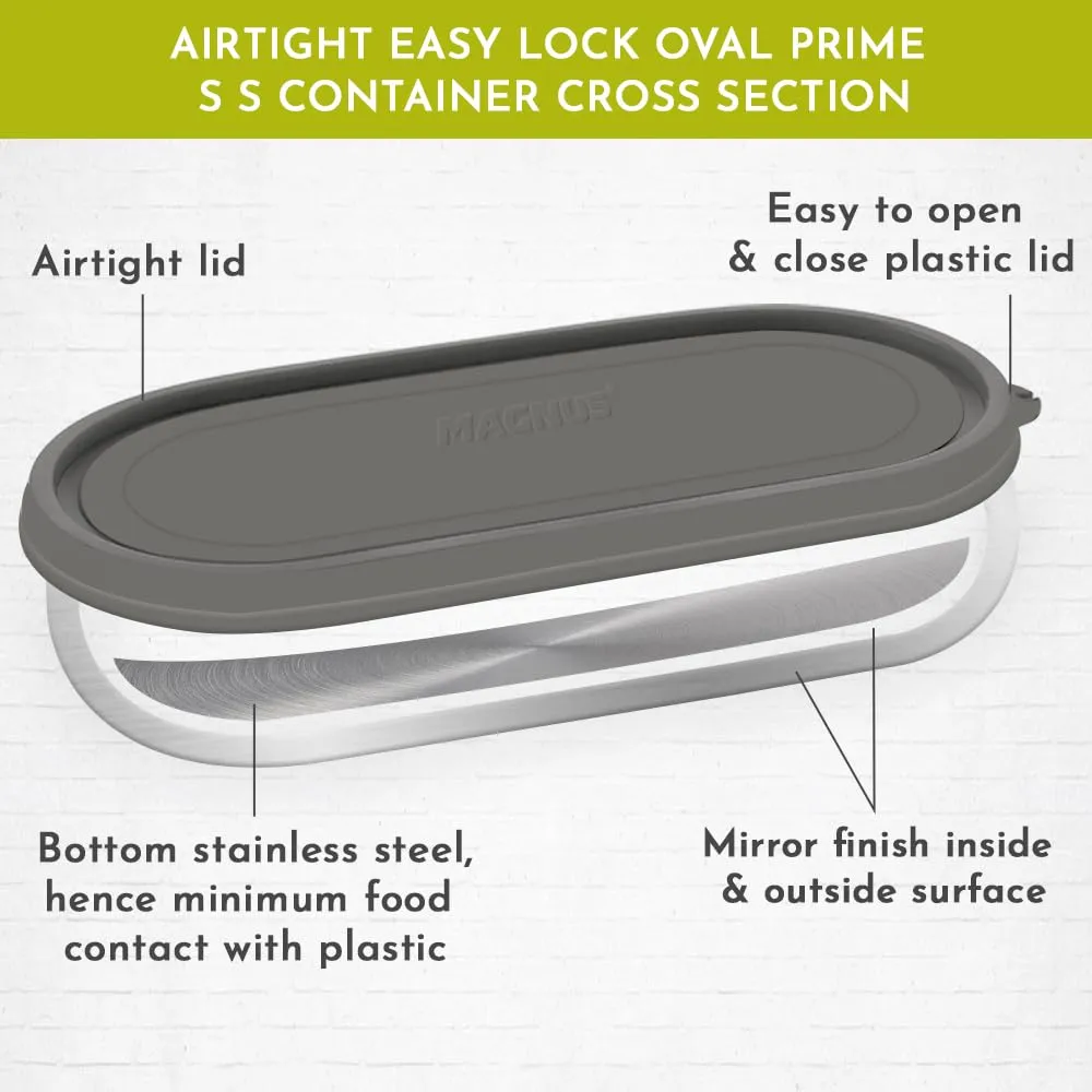 Magnus Easy Lock Oval Prime Container, Stainless Steel, Airtight & Leakproof Lid & Container, For School, Office Picnic, Ideal for Men,Women and Kids (Grey,450ml)