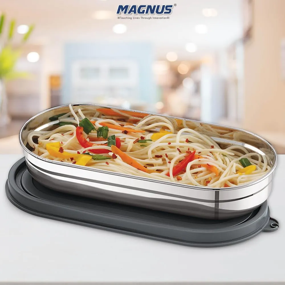 Magnus Easy Lock Oval Prime Container, Stainless Steel, Airtight & Leakproof Lid & Container, For School, Office Picnic, Ideal for Men,Women and Kids (Grey,450ml)