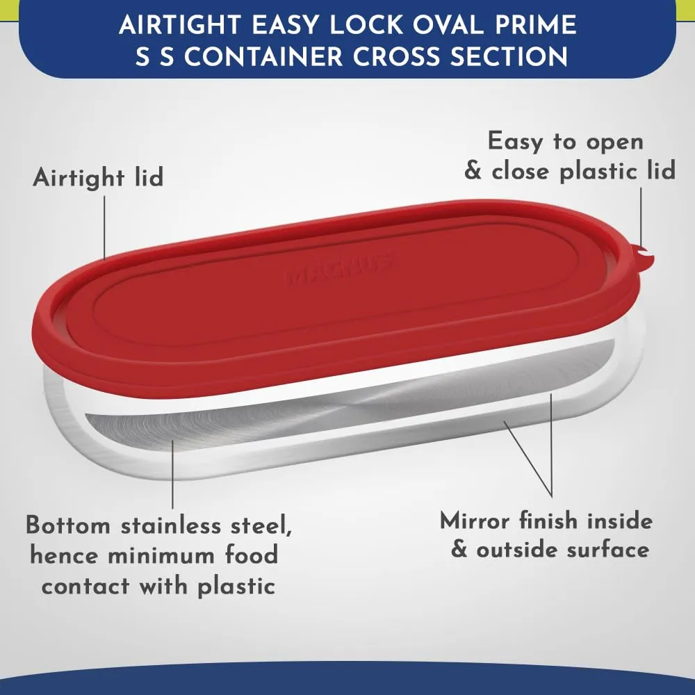 Magnus Easy Lock Oval Prime Container, Stainless Steel, Airtight & Leakproof Lid & Container, For School, Office Picnic, Ideal for Men,Women and Kids (Red,450ml)