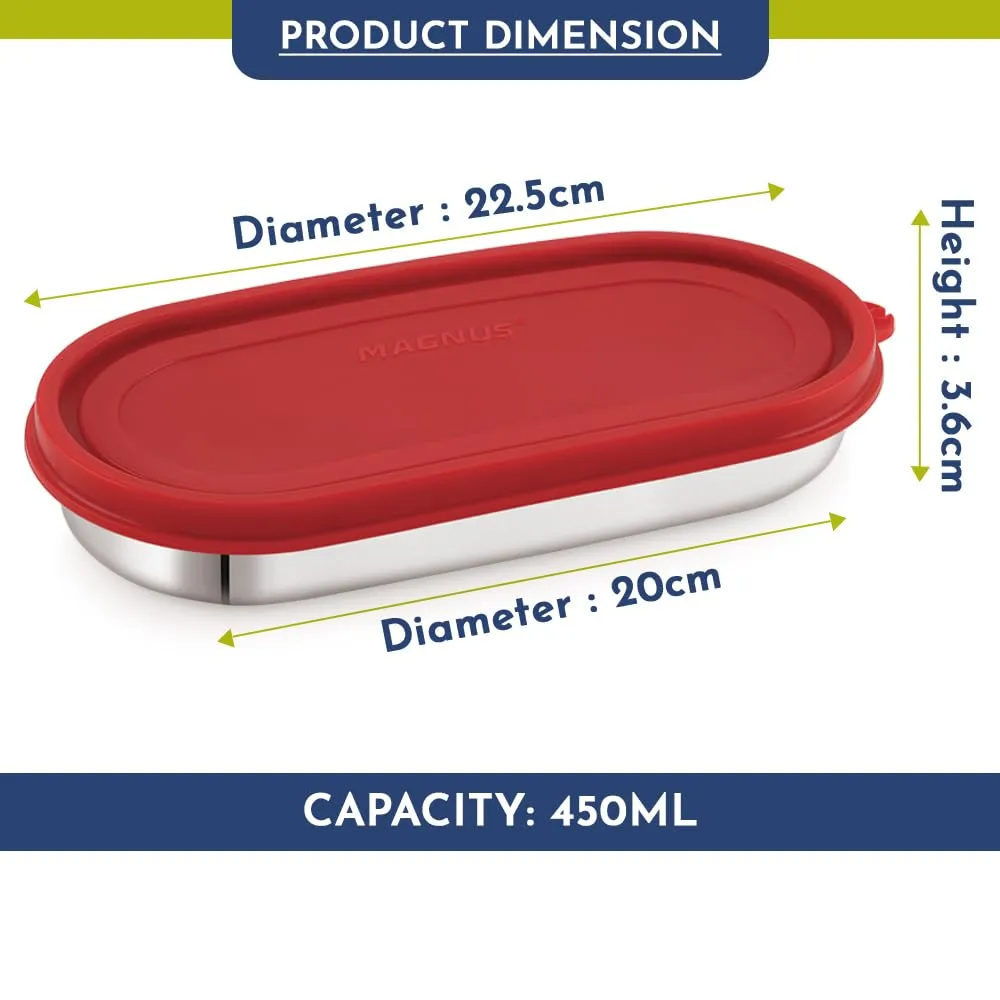 Magnus Easy Lock Oval Prime Container, Stainless Steel, Airtight & Leakproof Lid & Container, For School, Office Picnic, Ideal for Men,Women and Kids (Red,450ml)