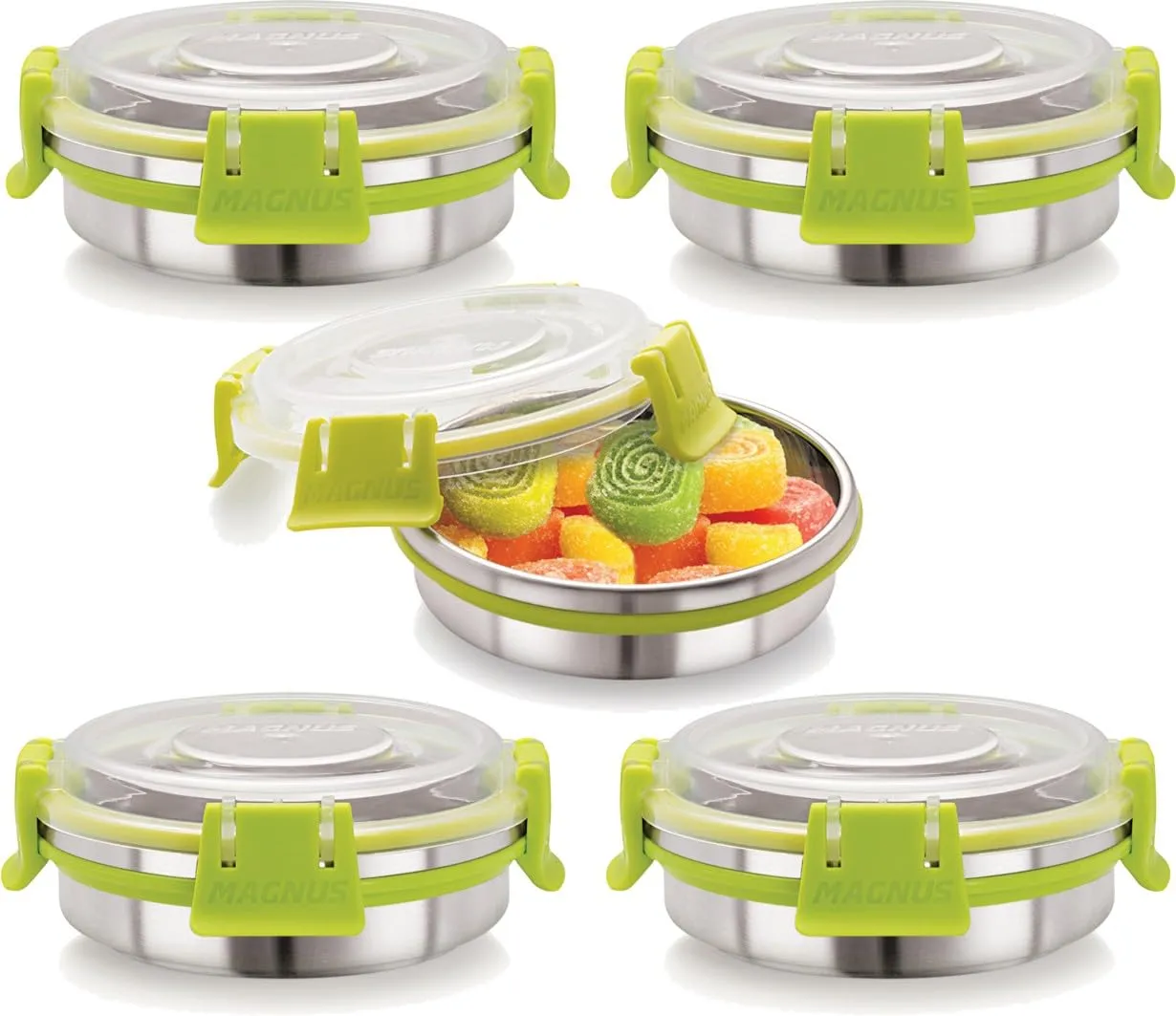 Magnus Klip Lock Stainless Steel Airtight Leakproof Storage Container, 200 ML Each, Set of 5 - Kitchen Accessories Items, Lunch Box, Lunch Box for Kids