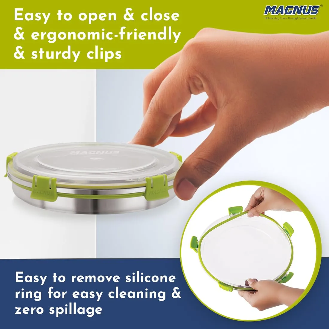 Magnus Klip Lock Stainless Steel Airtight Leakproof Storage Container Set of 6, 800 ML Each - Kitchen Accessories Items, Ideal Lunch Box, Perfect Lunch Boxes for Office Men