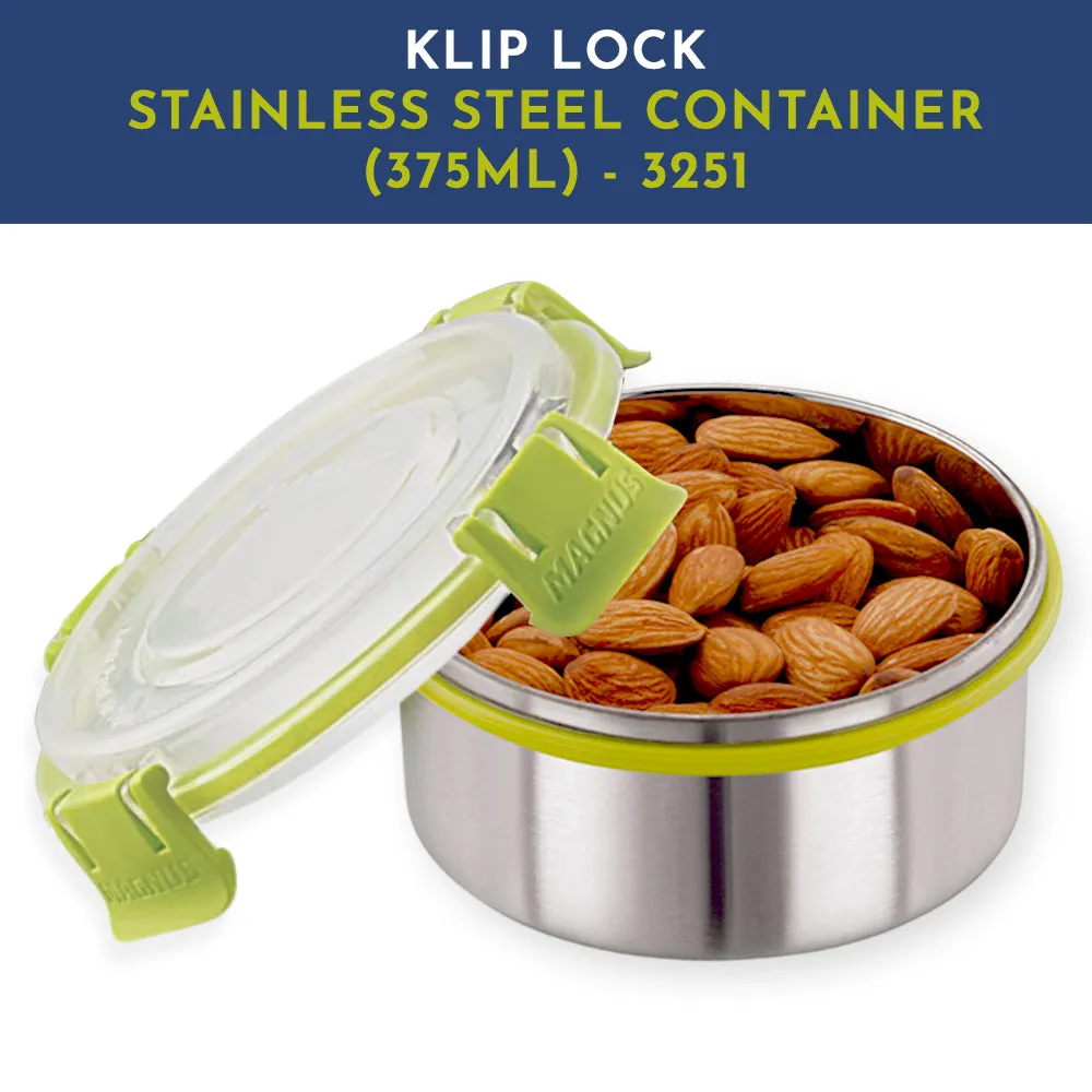 Magnus Klip Lock Stainless Steel Container  375 ML, Airtight and Leakproof Tiffin, Kitchen Accessories Items, Lunch Box, Lunch Boxes for Office Men, 375ML