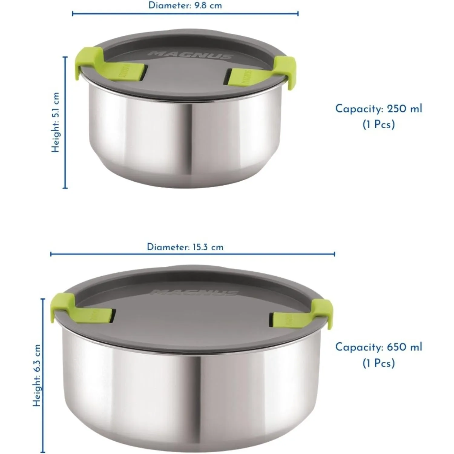 Magnus Steam Lock 100% Airtight and Leakproof Food Storage Stainless Steel Containers- Set of 2 ( 250 ml, 650 ml) | Highly Durable & Sturdy