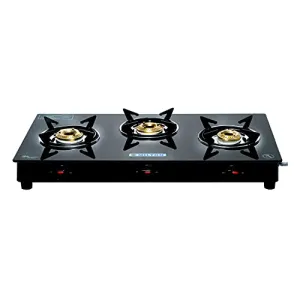 MILTON Premium 3 Burner Black Manual Ignition LPG Glass Top Gas Stove, (ISI Certified)