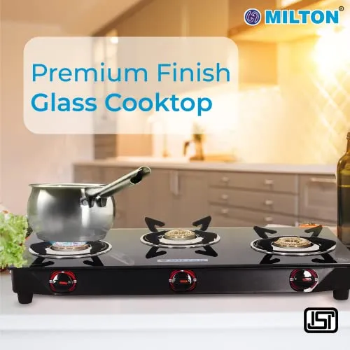 MILTON Premium 3 Burner Black Manual Ignition LPG Glass Top Gas Stove, (ISI Certified)