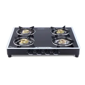 Platinum 4 Burner Manual Glass Cooktop | 6mm Toughened Glass Cooktop | Stainless Steel Drip tray | Anti-Skid Legs | Large Pan support | Manual Ignition | Black steel frame | 2 Year Warranty | Black