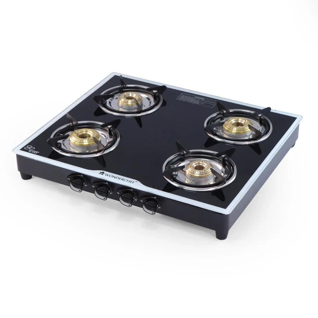 Platinum 4 Burner Manual Glass Cooktop | 6mm Toughened Glass Cooktop | Stainless Steel Drip tray | Anti-Skid Legs | Large Pan support | Manual Ignition | Black steel frame | 2 Year Warranty | Black