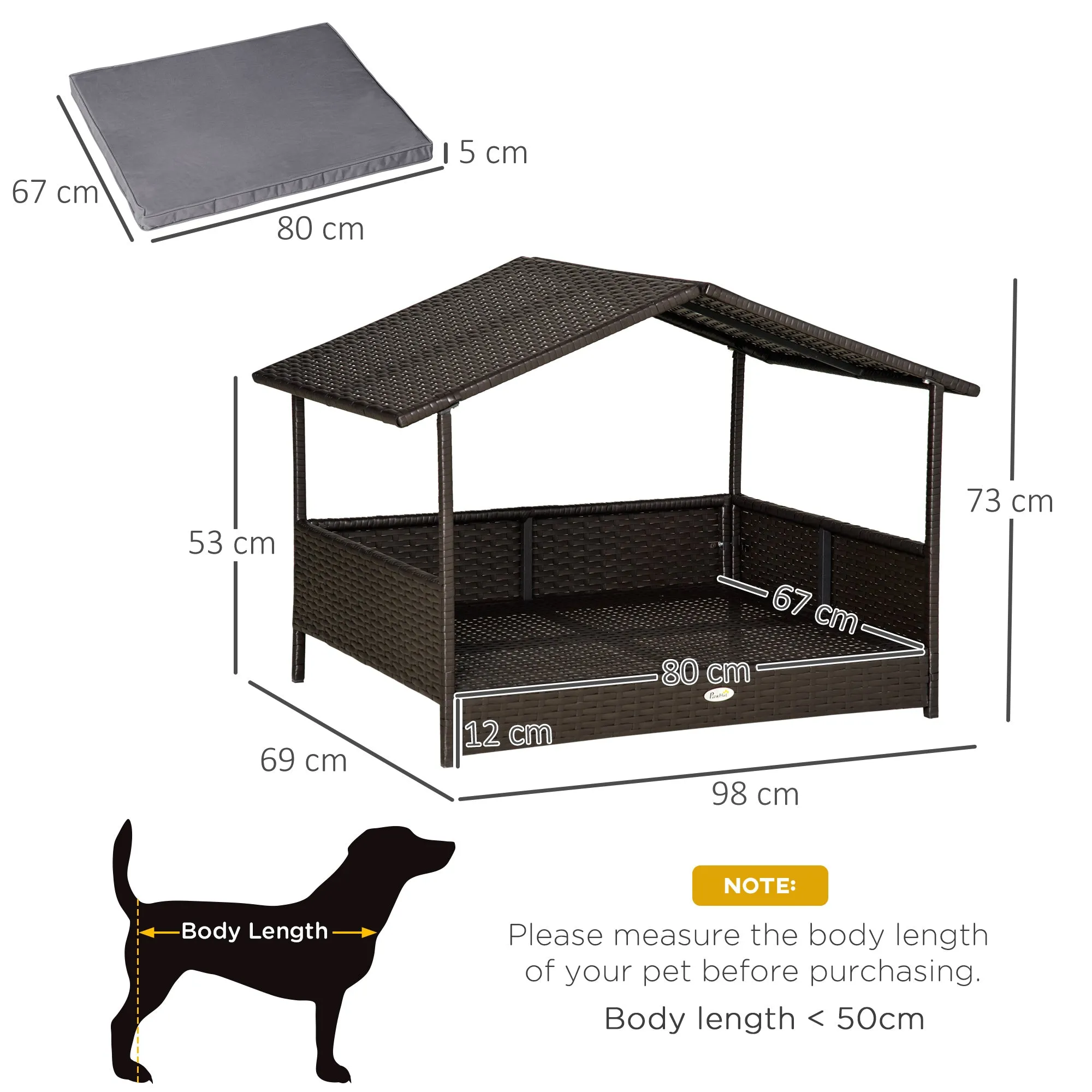 Rattan Dog House, Elevated Wicker Pet Bed Lounge with Removable Cushion and Canopy, for Small and Medium Dogs, 98 x 69 x 73cm - Grey