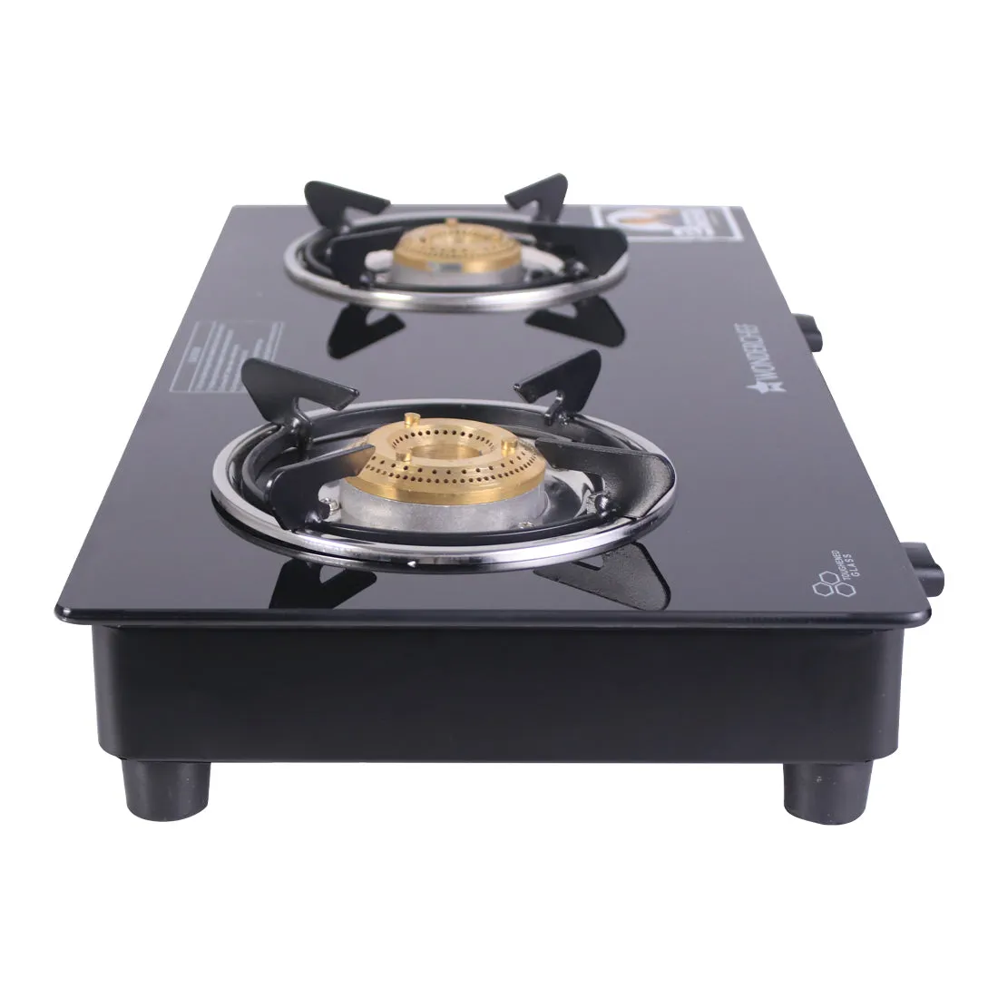 Ruby 2 Burner Glass Cooktop, Black Toughened Glass with 1 Year Warranty, Ergonomic Knobs, Heat-Efficient Brass Burners, Stainless-steel Spill Tray, Manual Ignition