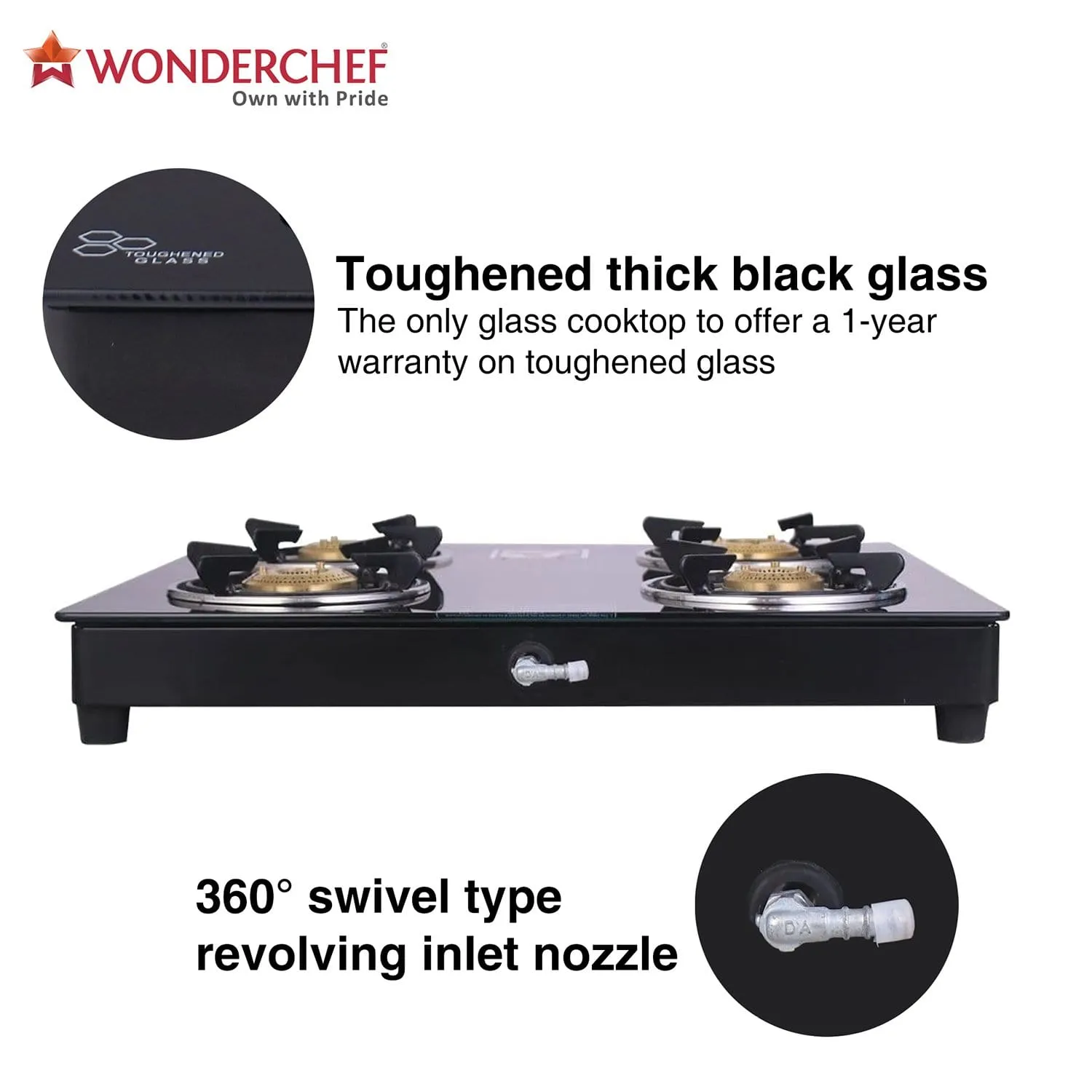 Ruby  4 Burner Glass Cooktop, Black Toughened Glass with 1 Year Warranty, Ergonomic Knobs,  Heat-Efficient Brass Burners, Stainless-steel Spill Tray, Manual Ignition