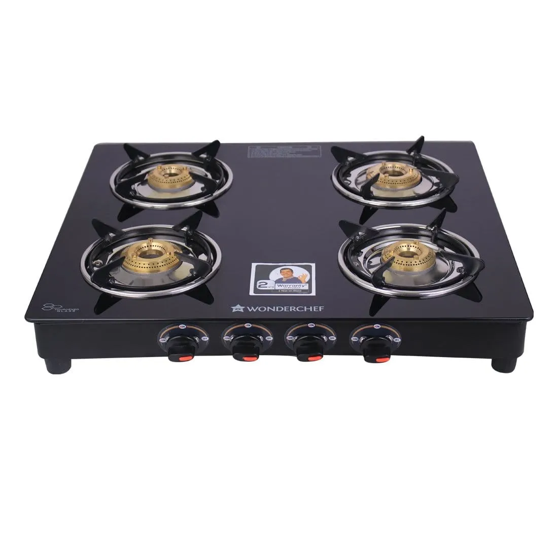 Ruby  4 Burner Glass Cooktop, Black Toughened Glass with 1 Year Warranty, Ergonomic Knobs,  Heat-Efficient Brass Burners, Stainless-steel Spill Tray, Manual Ignition