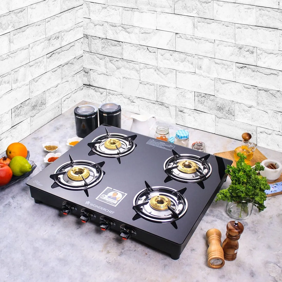 Ruby  4 Burner Glass Cooktop, Black Toughened Glass with 1 Year Warranty, Ergonomic Knobs,  Heat-Efficient Brass Burners, Stainless-steel Spill Tray, Manual Ignition