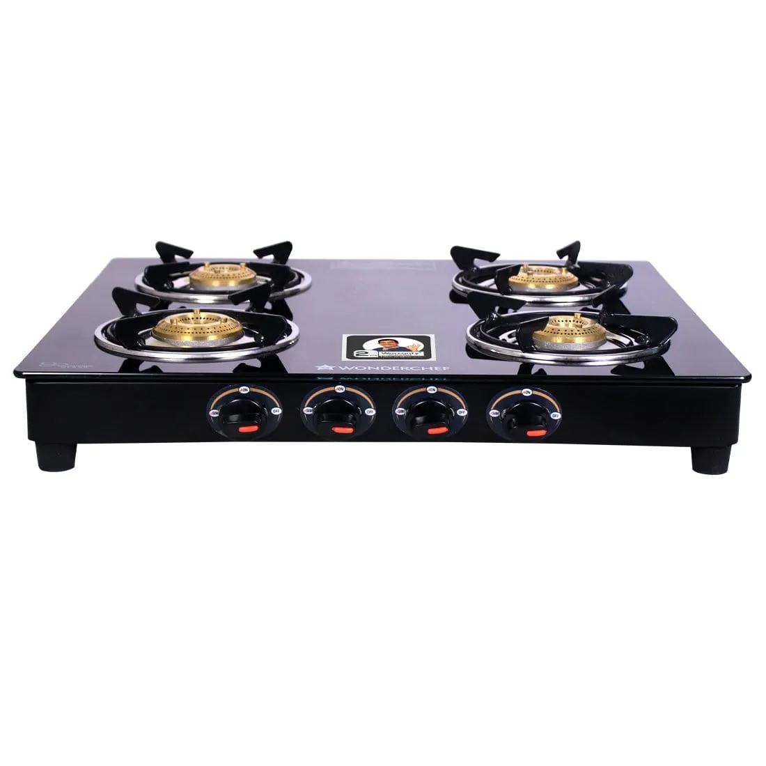 Ruby  4 Burner Glass Cooktop, Black Toughened Glass with 1 Year Warranty, Ergonomic Knobs,  Heat-Efficient Brass Burners, Stainless-steel Spill Tray, Manual Ignition