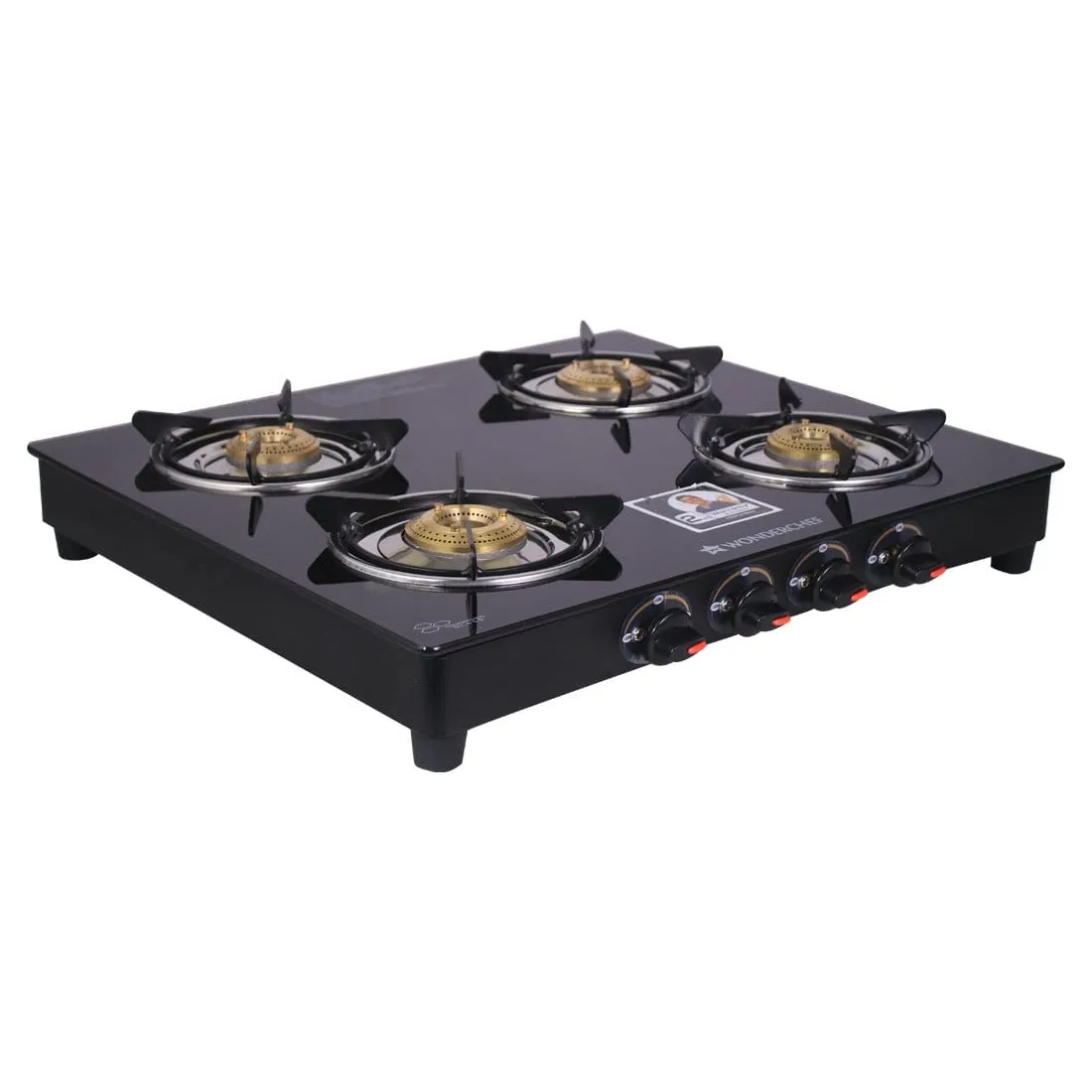 Ruby  4 Burner Glass Cooktop, Black Toughened Glass with 1 Year Warranty, Ergonomic Knobs,  Heat-Efficient Brass Burners, Stainless-steel Spill Tray, Manual Ignition