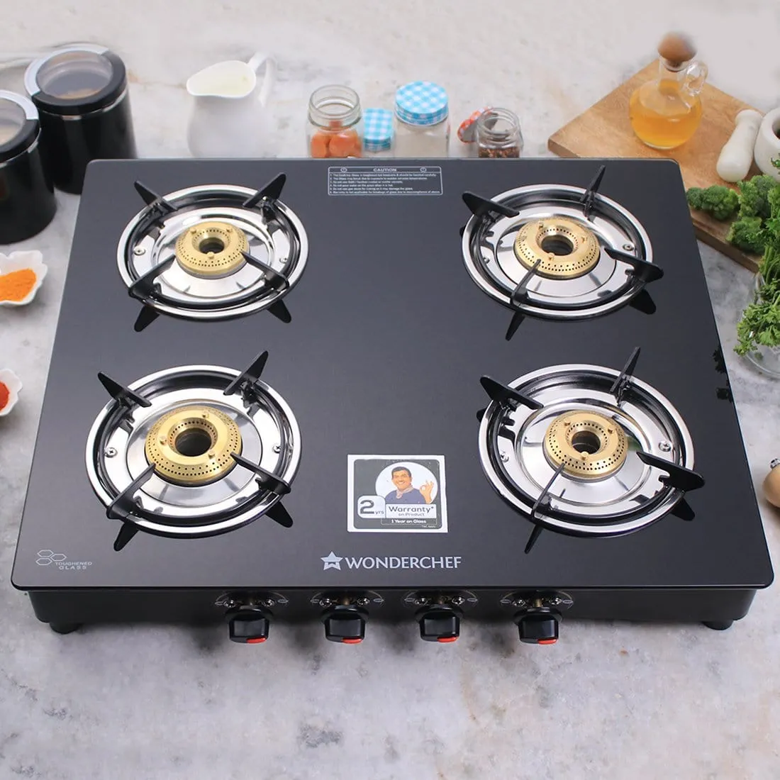 Ruby  4 Burner Glass Cooktop, Black Toughened Glass with 1 Year Warranty, Ergonomic Knobs,  Heat-Efficient Brass Burners, Stainless-steel Spill Tray, Manual Ignition