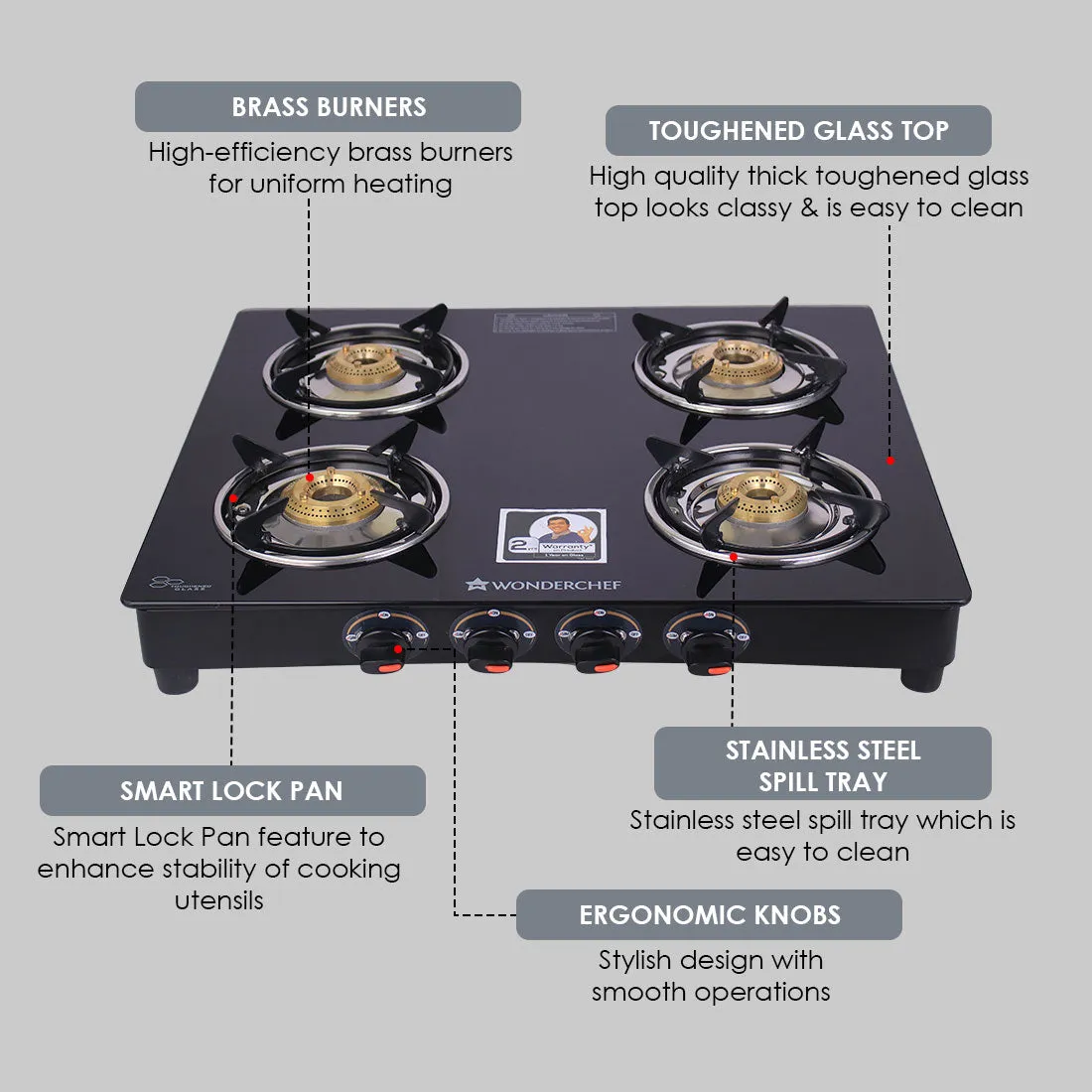 Ruby  4 Burner Glass Cooktop, Black Toughened Glass with 1 Year Warranty, Ergonomic Knobs,  Heat-Efficient Brass Burners, Stainless-steel Spill Tray, Manual Ignition