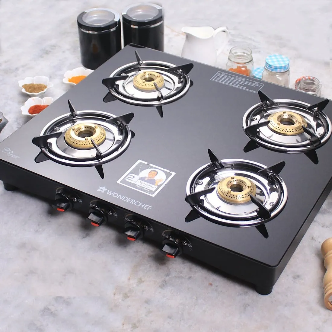 Ruby  4 Burner Glass Cooktop, Black Toughened Glass with 1 Year Warranty, Ergonomic Knobs,  Heat-Efficient Brass Burners, Stainless-steel Spill Tray, Manual Ignition