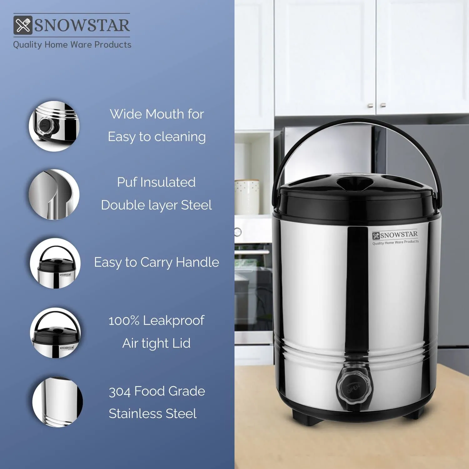 Snowstar Hot and Cold Water Dispenser for Office Home Kitchen 5 L, Winter Season Water Jug with PUF Insulated Double Walled Stainless Steel I Keeps Beverages Fresh & Hot and Cold Upto 4-5 Hours