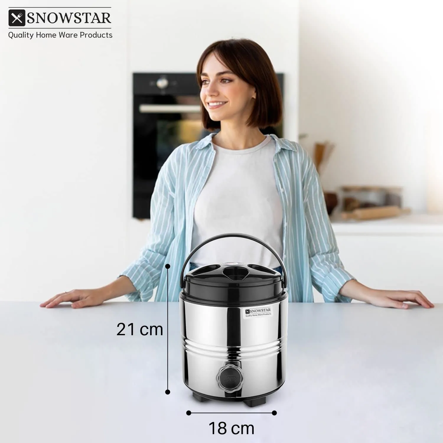 Snowstar Stainless Steel PUF Insulated Water Jug/Containers with Leak Proof Tap (3 Liters, Silver) Travel Water Dispenser for Office Home Kitchen - Easy to Carry Handle - Hot and Cold Upto 4-5 hrs