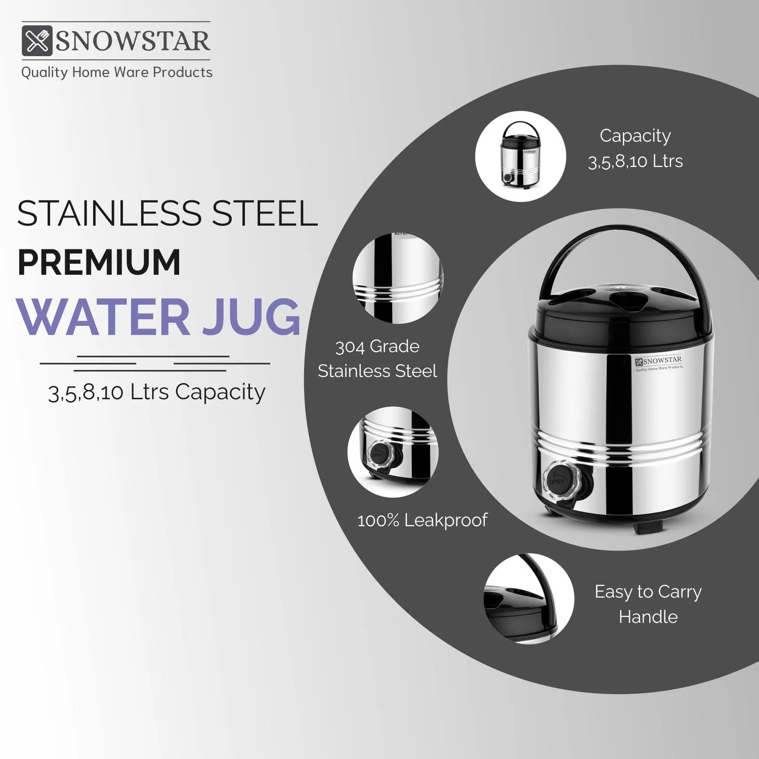 Snowstar Stainless Steel PUF Insulated Water Jug/Containers with Leak Proof Tap (3 Liters, Silver) Travel Water Dispenser for Office Home Kitchen - Easy to Carry Handle - Hot and Cold Upto 4-5 hrs