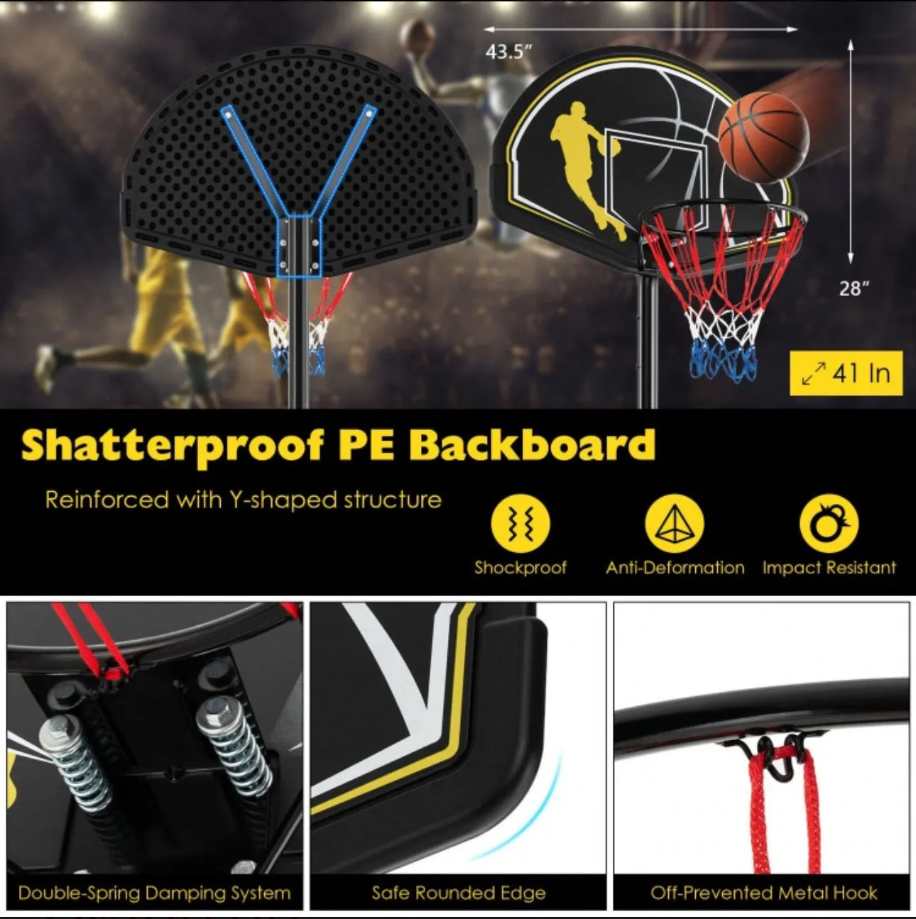 Super Cool Adjustable Basketball Net Hoop Set 4.25-10FT | Heavy Duty | 2 Nets | Shatterproof Backboard | Indoor | Outdoor