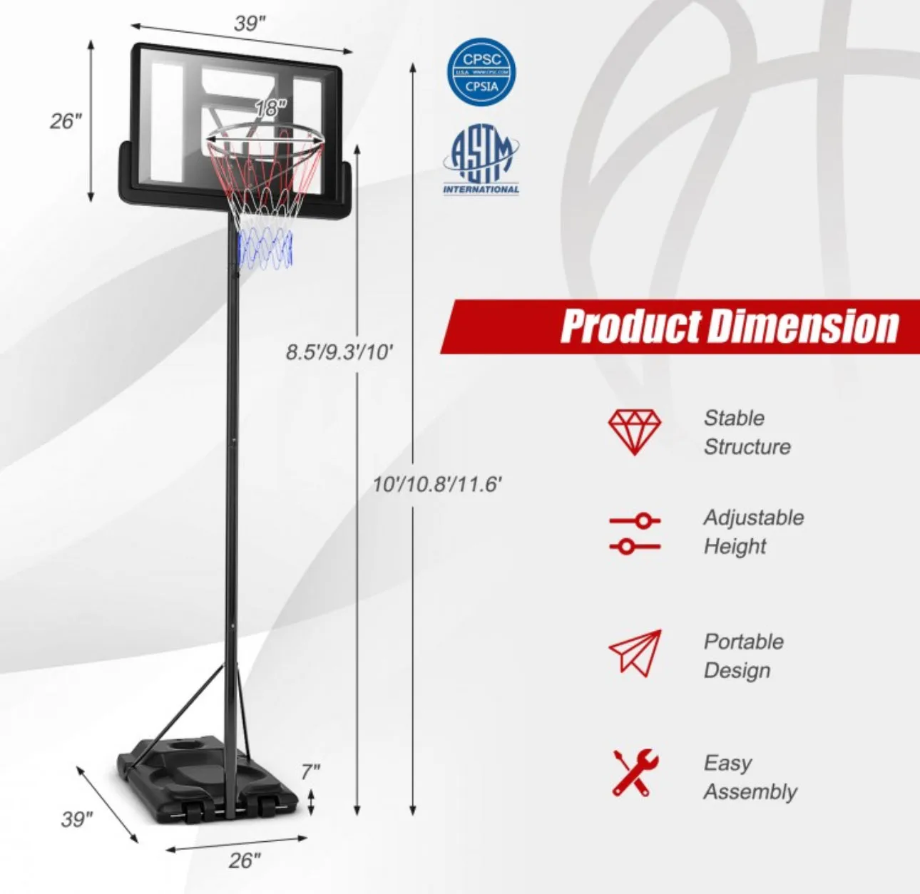 Super Cool Shatterproof Backboard Basketball Net Hoop With (2) Nets | Height Adjustable | Heavy Duty | Indoor | Outdoor | Easy Set Up | Sturdy Base