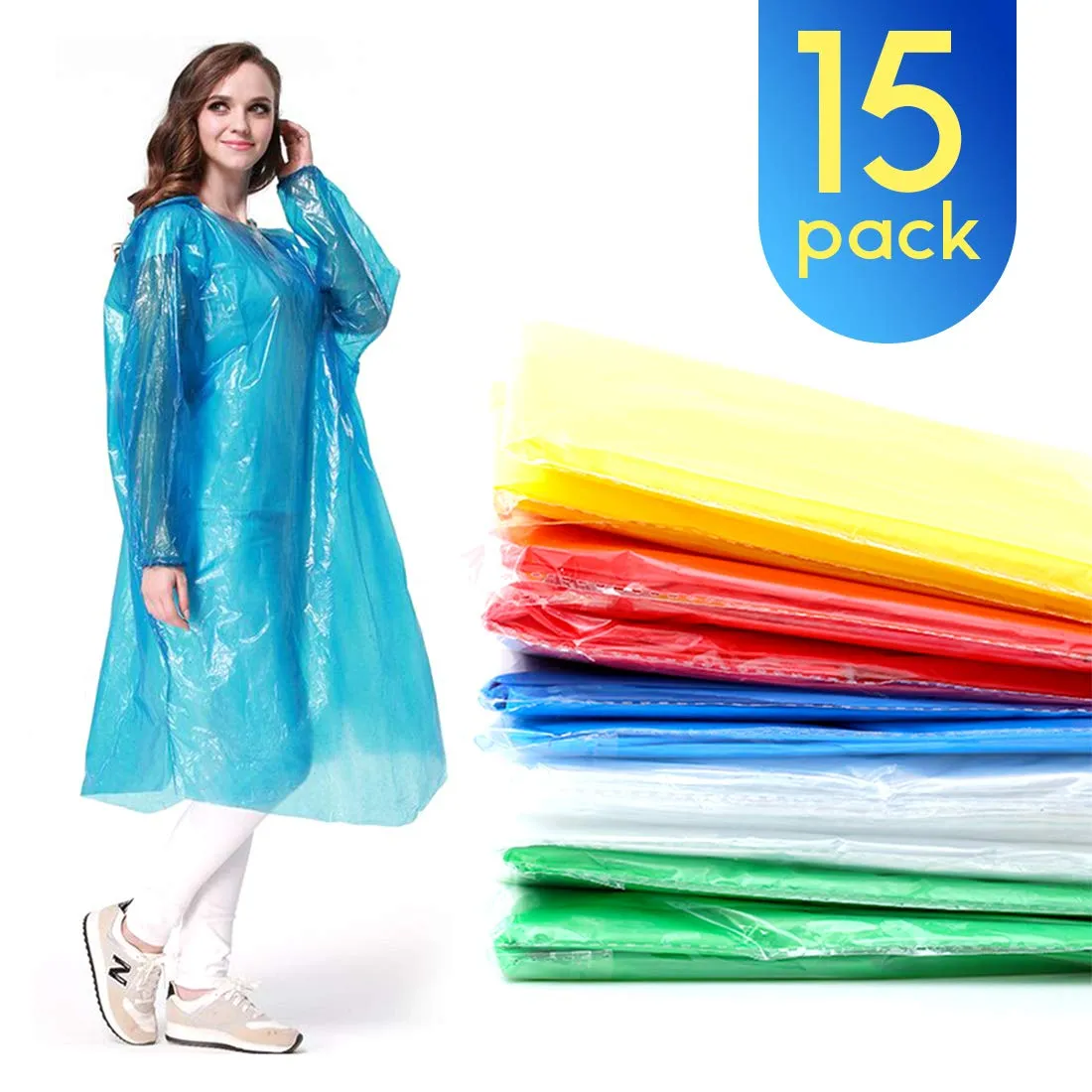 Umikk 15 Packs Disposable Rain Ponchos - 5 Colored for Families Emergency Waterproof Rain Poncho with Drawstring Hood Raincoat for Men Women Plastic Rain Gear for Disney Hiking Travel Concerts