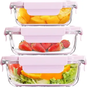 WE-CEF Airtight Glass Lunch Bento Boxes Leakproof Glass Meal Prep Containers Glass Food Storage Containers with Lids Glass Lunch Box Leak-Proof Food Storage Containers with Lids (Pink, Set of 3)