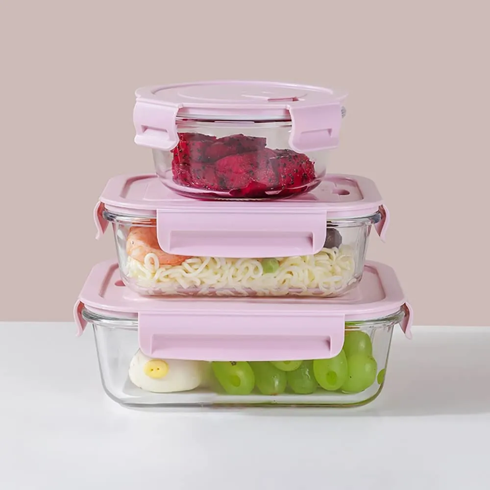 WE-CEF Airtight Glass Lunch Bento Boxes Leakproof Glass Meal Prep Containers Glass Food Storage Containers with Lids Glass Lunch Box Leak-Proof Food Storage Containers with Lids (Pink, Set of 3)