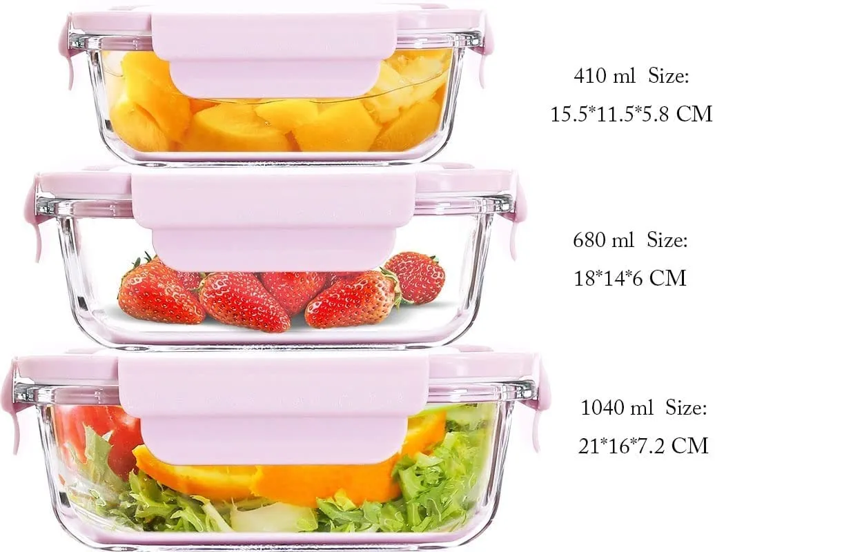 WE-CEF Airtight Glass Lunch Bento Boxes Leakproof Glass Meal Prep Containers Glass Food Storage Containers with Lids Glass Lunch Box Leak-Proof Food Storage Containers with Lids (Pink, Set of 3)