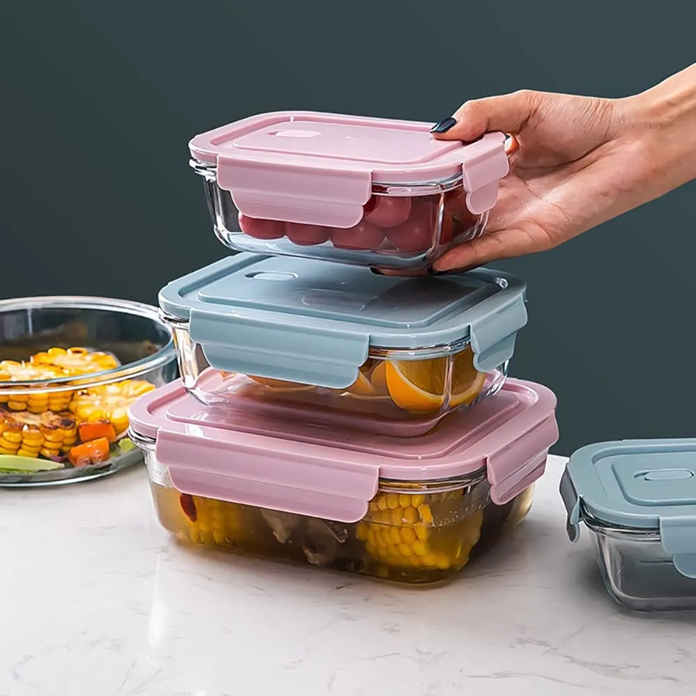 WE-CEF Airtight Glass Lunch Bento Boxes Leakproof Glass Meal Prep Containers Glass Food Storage Containers with Lids Glass Lunch Box Leak-Proof Food Storage Containers with Lids (Pink, Set of 3)